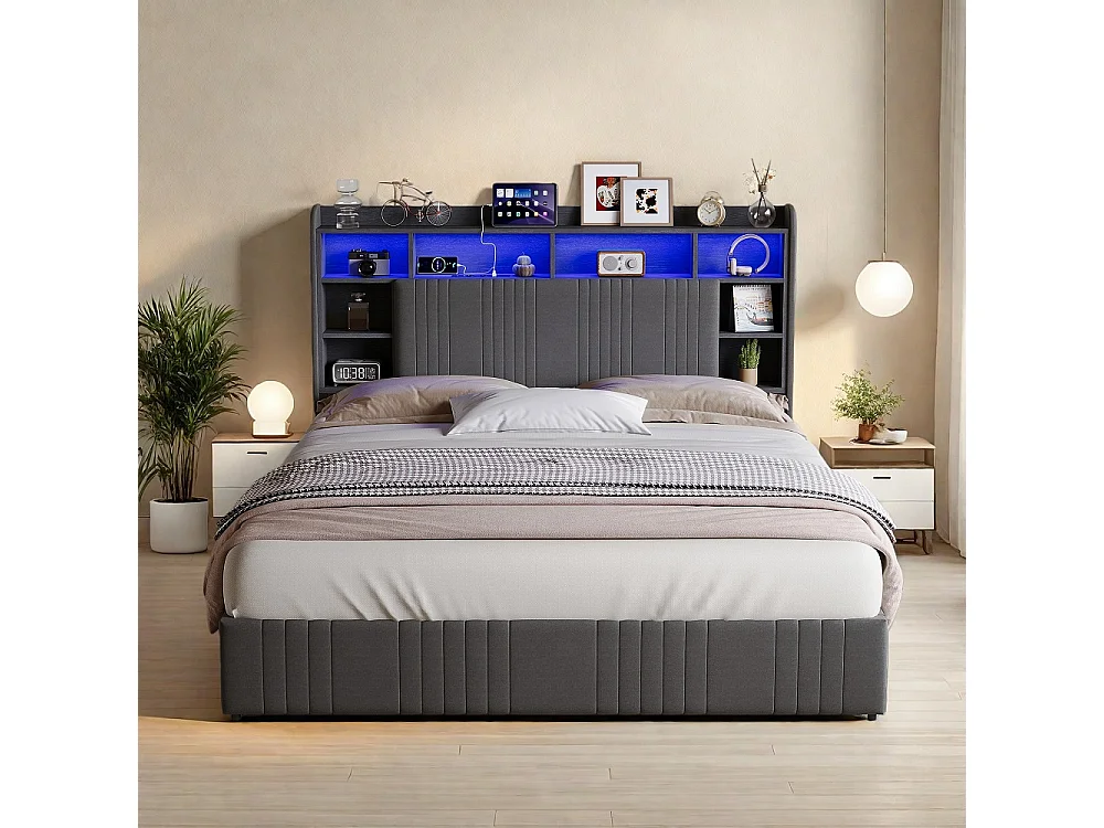 Łóżko z pojemnikiem LED - 140 x 200 cm - 4 szuflady i stacja ładowania - Len - Szary 4996963 - obrazek 1