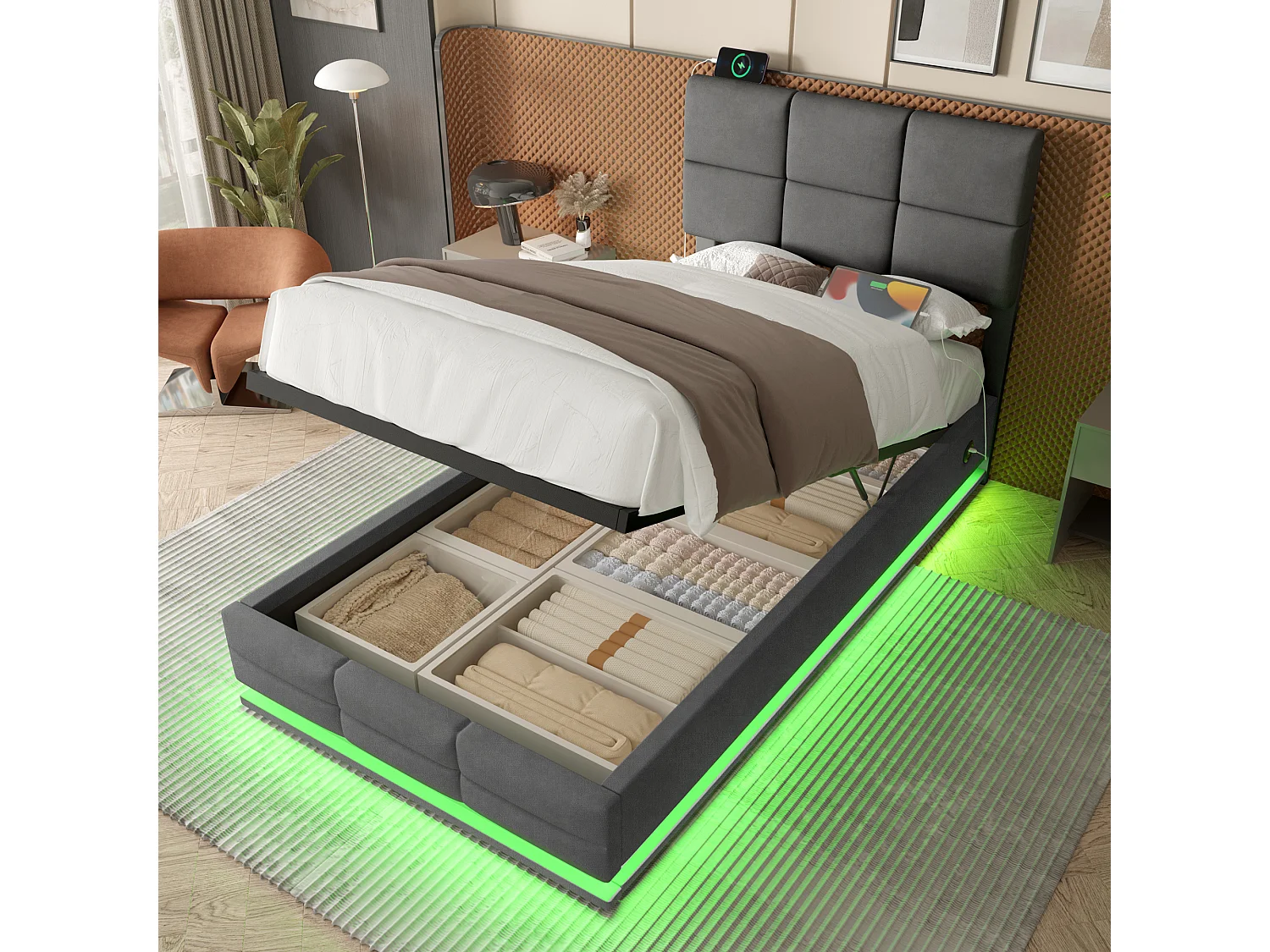 Łóżko z pojemnikiem 90x200 cm z oświetleniem LED i ładowaniem USB - szary welur (bez materaca) 4699293 - obrazek 1