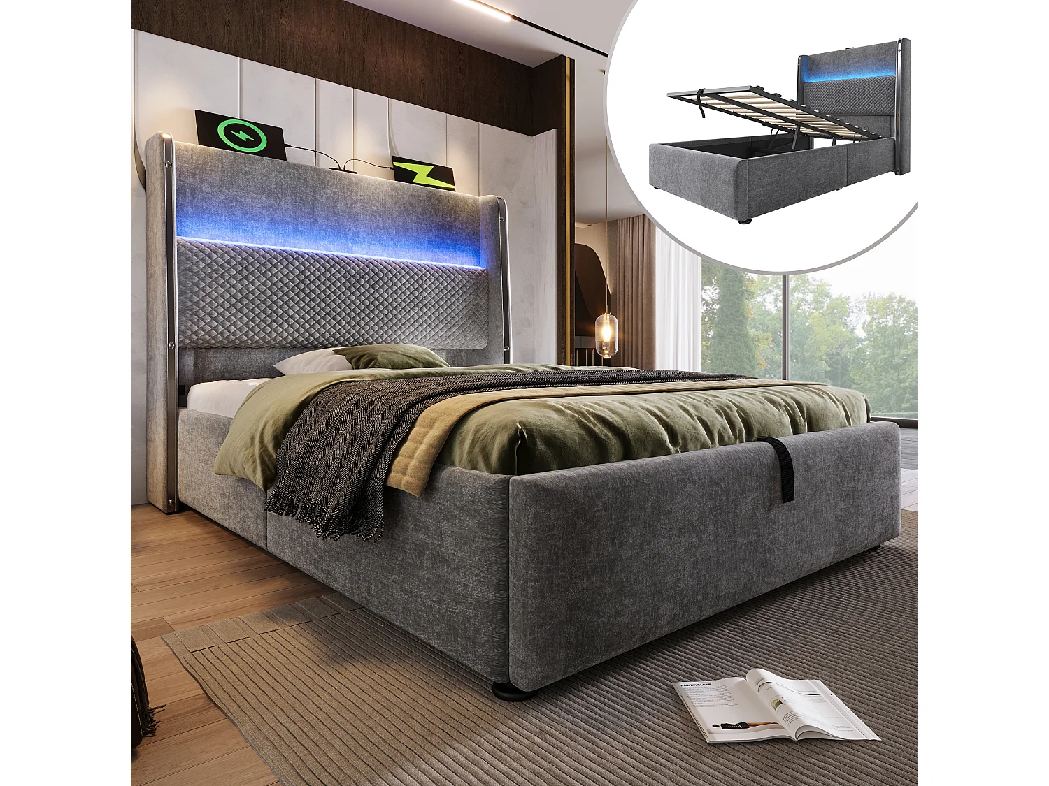 Łóżko z pojemnikiem 90 x 200 cm – łóżko pojedyncze z oświetleniem LED i portami USB/Type-C – szary len – materac nie jest wliczony w cenę 4762820 - obrazek 1