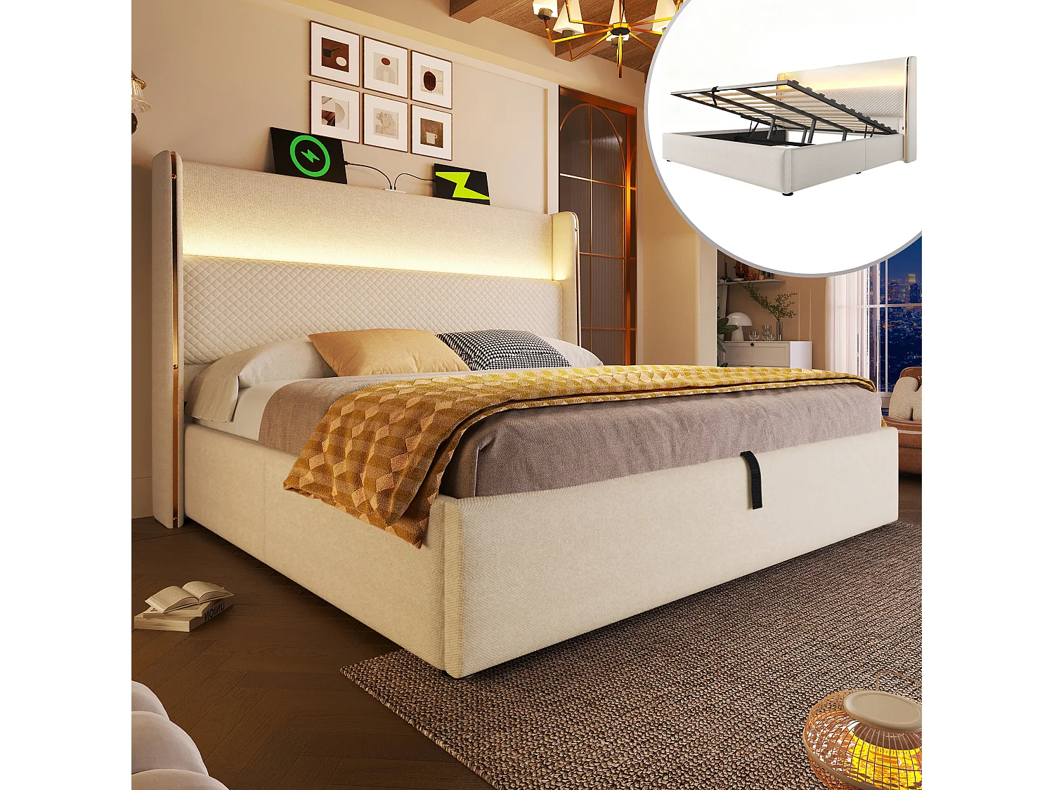 Łóżko z pojemnikiem 140 x 200 cm - Łóżko dla dorosłych z oświetleniem LED i portami USB/Type-C - beżowa pościel - materac nie jest wliczony w cenę 4762823 - obrazek 1