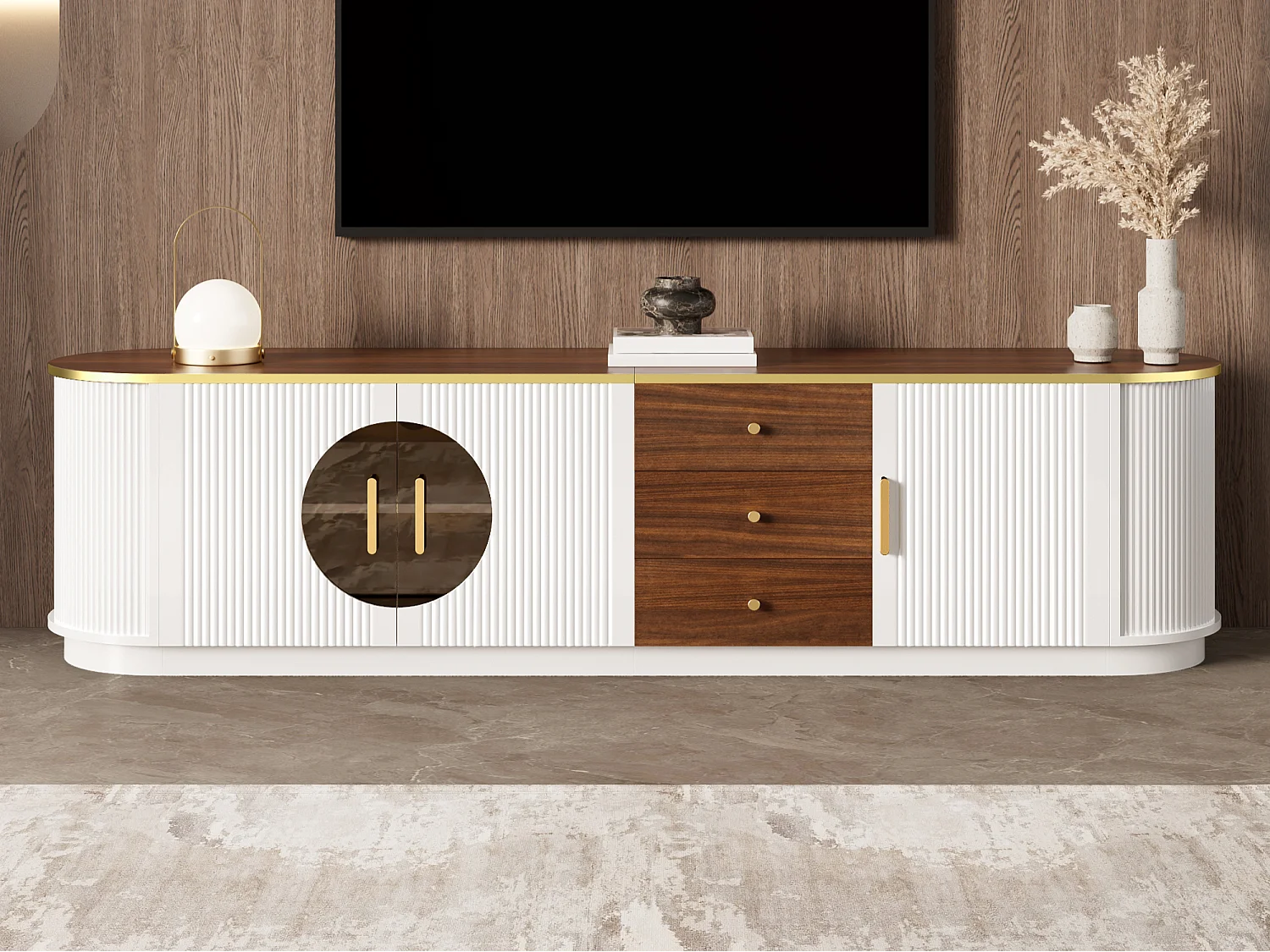 Luksusowa szafka RTV 180x40x46 cm – 3 drzwi i 3 szuflady – Brązowe szkło – Zaokrąglone narożniki – MDF – Biały 5006547