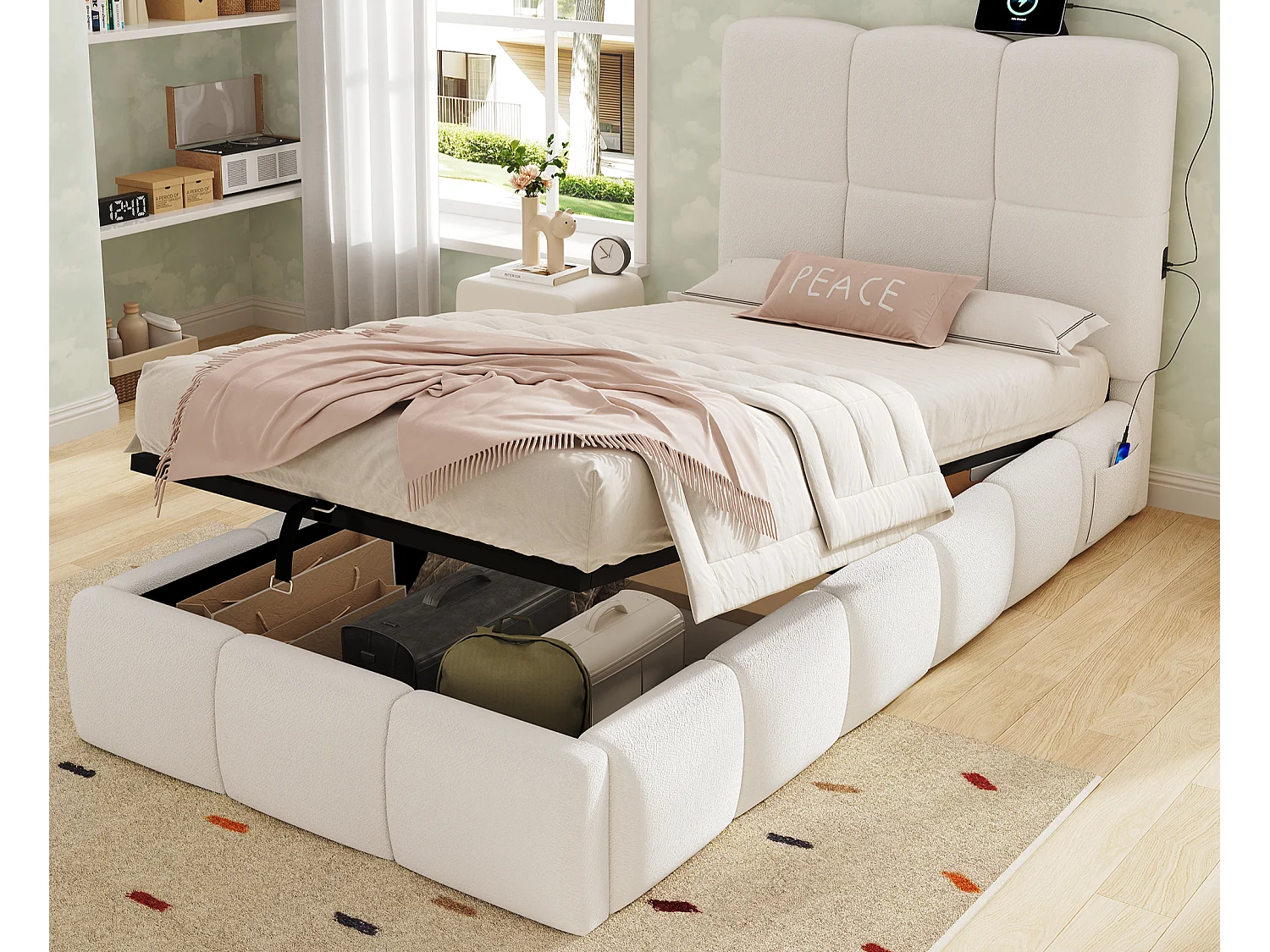 Łóżko z pojemnikiem dla dzieci 90x200 cm - Z tapicerowanym zagłówkiem - Z portem USB - Tkanina bouclé - Beżowy (bez materaca) 5006592 - obrazek 1