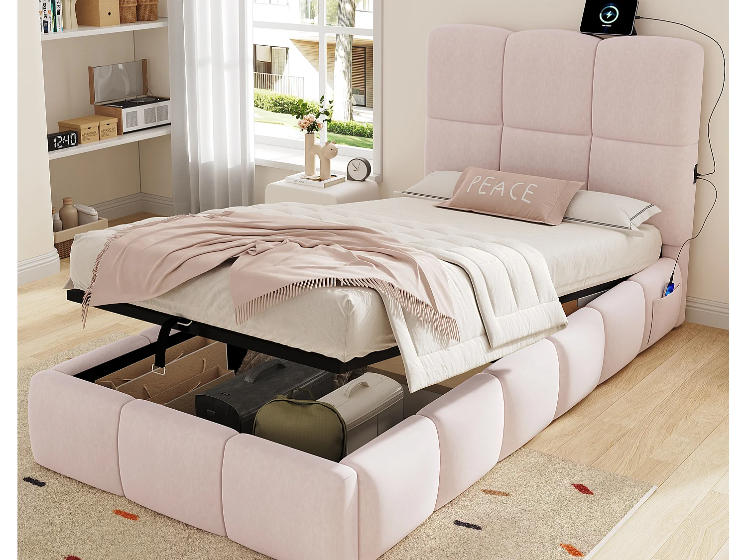 Łóżko z pojemnikiem dla dzieci 90x200 cm - Z tapicerowanym zagłówkiem - Z portem USB - Tkanina welurowa - Różowy (bez materaca) 5006596 - obrazek 1