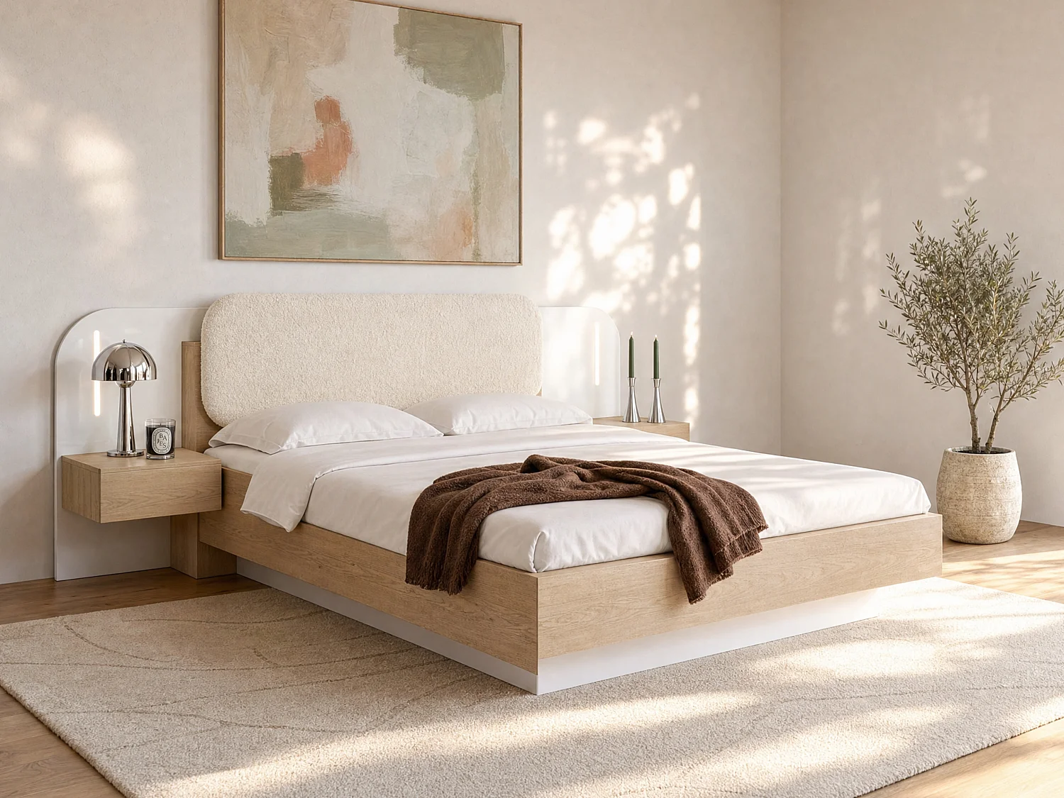 Łóżko ze skrzynią z szafkami nocnymi 160 x 200 cm – Z oświetleniem LED – Kolor: Beżowy i naturalny + Materac – LYORIMA 4583882