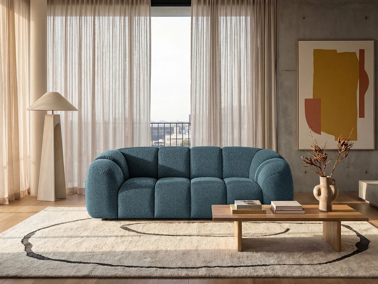 Designer 3-osobowa sofa z tkaniny MALI w kolorze benzyny 240cm - Design Cloud, Pianka wysokoelastyczna, Elegancka struktura 4928209 - obrazek 1