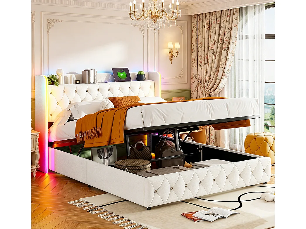 Łóżko z pojemnikiem 160x200 cm aksamit beżowy z wbudowanym LED, USB, hydraulicznym schowkiem i pikowanym zagłówkiem 4225987 - obrazek 1