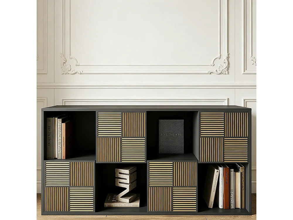 Czarna biblioteczka 125x30x60 cm z 4 otwartymi i 4 zamkniętymi przegródkami, modułowy design bez uchwytów 4923072