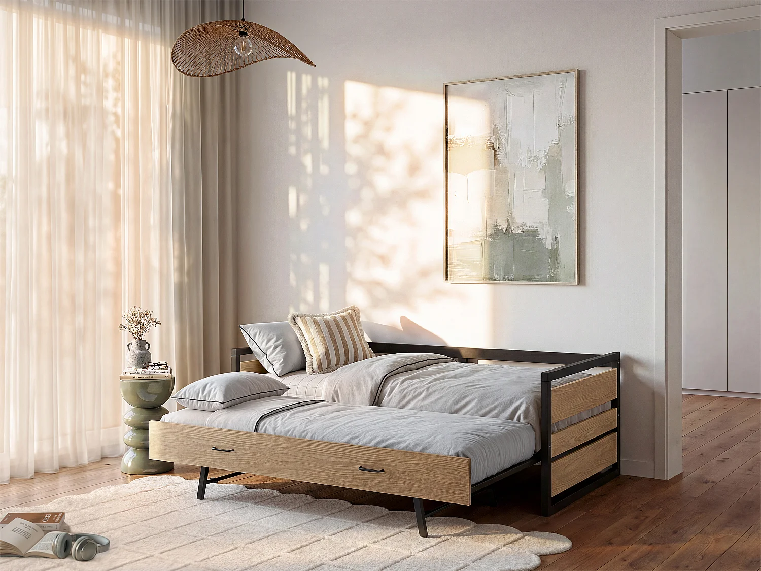 Łóżko wysuwane 120 x 200 i 90 x 200 cm - MDF, drewno sosnowe i metal - Naturalny i antracytowy - BOSTON 3164801 - obrazek 1