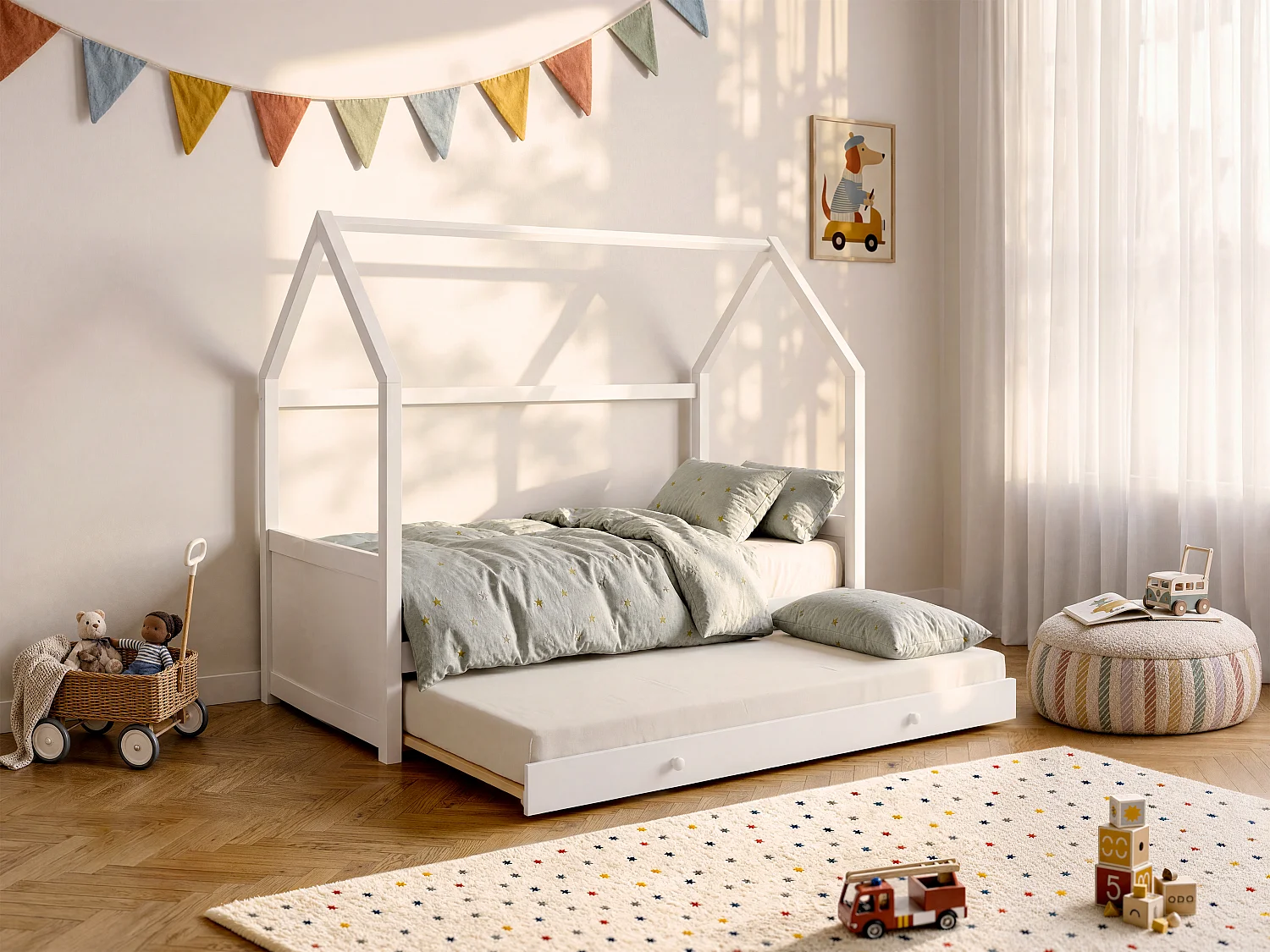 Łóżko wysuwane domek 2 szuflady 2 x 90 x 190 cm – Drewno sosnowe – Białe – CHORI 131223 - obrazek 1