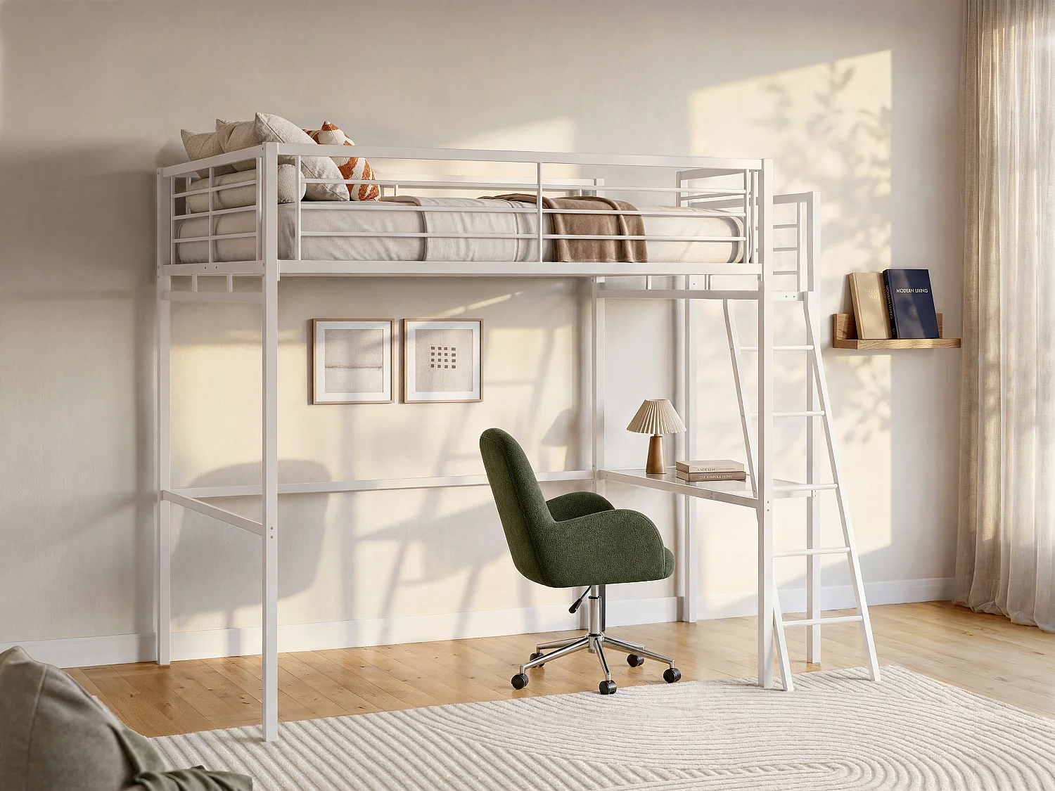 Łóżko z antresolą CASUAL II – 140 × 190 cm – blat biurka – kolor biały, w zestawie z materacem 127877