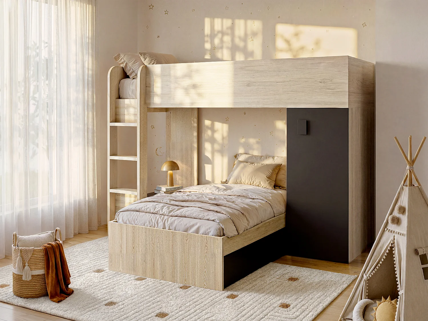 Łóżko piętrowe narożne z szafą i szufladami – 2 x 90 x 190 cm – Wbudowane schowki – Dębowy i antracytowy + materac – RICARDO 127933