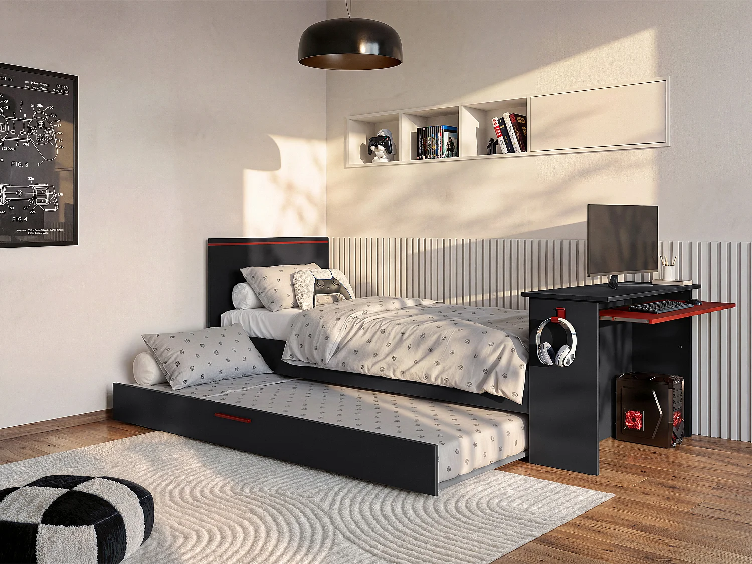 Łóżko wysuwane gamer 90 × 200 cm i 90 × 190 cm – z biurkiem – oświetlenie LED – kolor antracytowy i czerwony z materacem i stelażem – VOUANI 488239 - obrazek 1