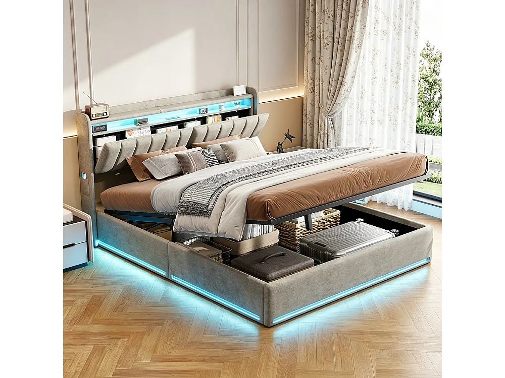Łóżko z pojemnikiem 140x190 cm szary welur z zagłówkiem, oświetleniem LED RGB i wbudowanymi portami USB 4897795 - obrazek 1