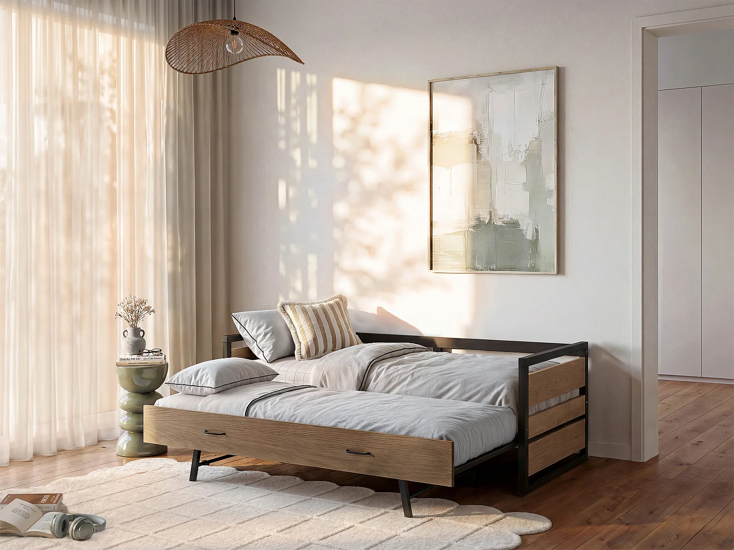Łóżko wysuwane w industrialnym stylu BOSTON - 2 x 90 x 190 cm - MDF, sosna i metal Kolor: Orzech i antracyt 113845 - obrazek 1