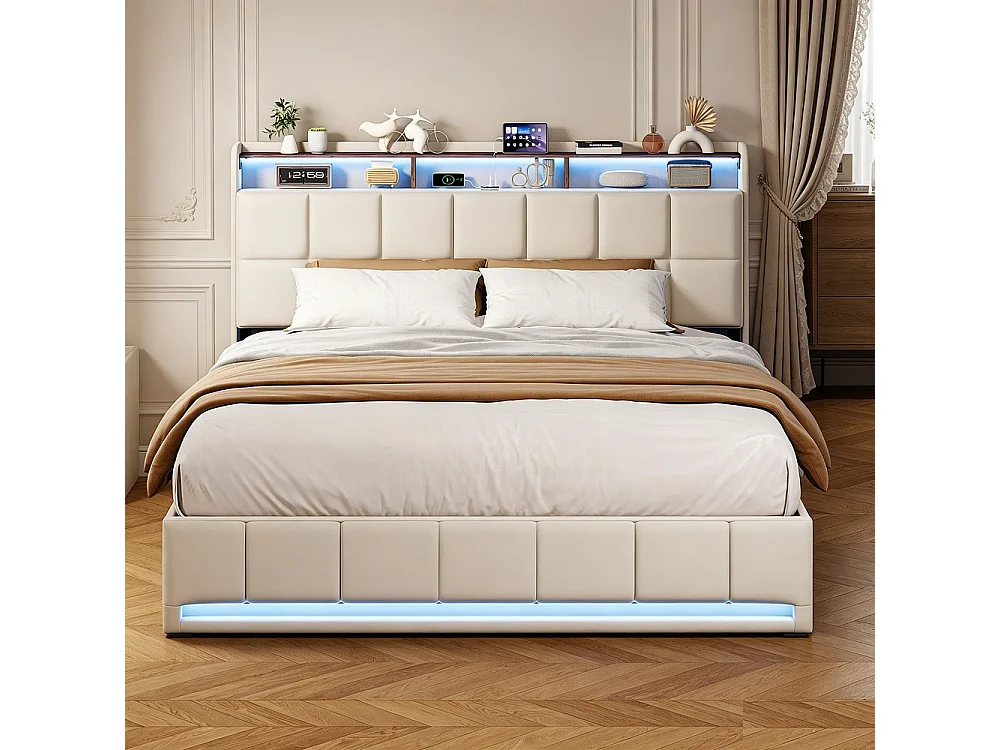 Łóżko z pojemnikiem 160x200 cm beżowe z lnu z oświetleniem LED RGB, wbudowanym USB i 3 szufladami do przechowywania, nowoczesny design 4923124 - obrazek 1