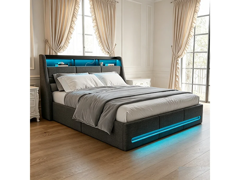 Łóżko z pojemnikiem 140×200 cm szare z wielokolorowym LED, zagłówkiem USB i wbudowanym schowkiem, stelaż z listewkami w zestawie 4749872