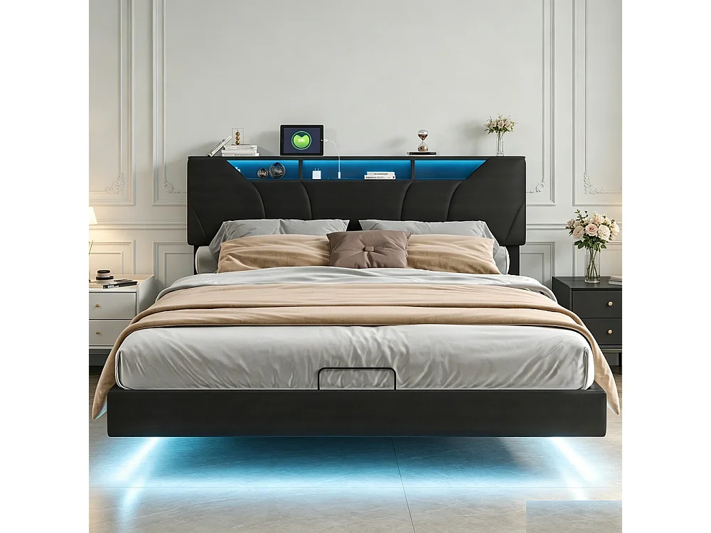 Czarny Pływający Łóżko z Pojemnikiem PU 160x200cm z Oświetleniem LED i Portem Ładowania USB 4876264 - obrazek 1