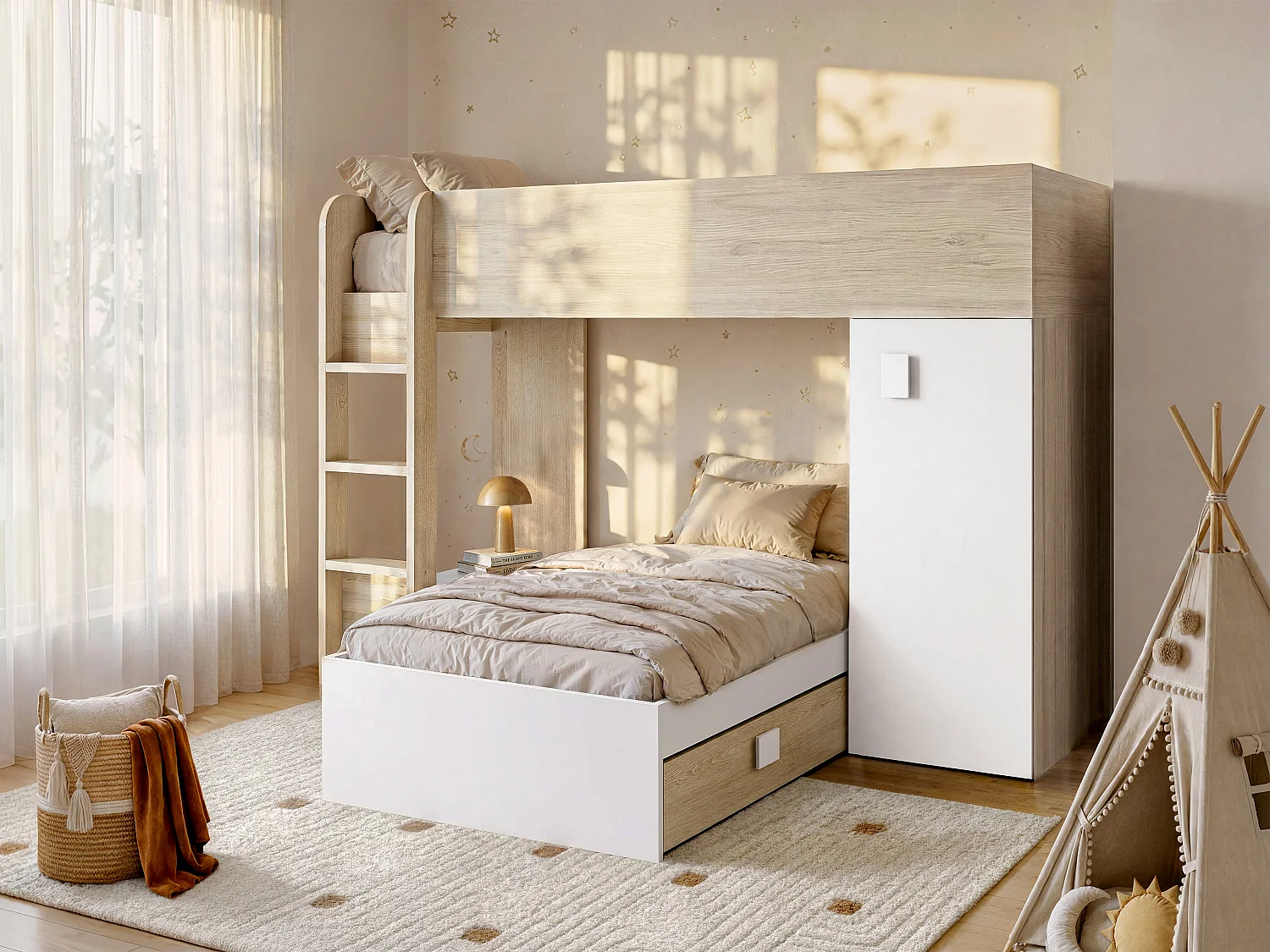 Łóżko piętrowe narożne z szafą i szufladami – 2 x 90 x 190 cm – Wbudowane schowki – Dębowy i biały – RICARDO 126195