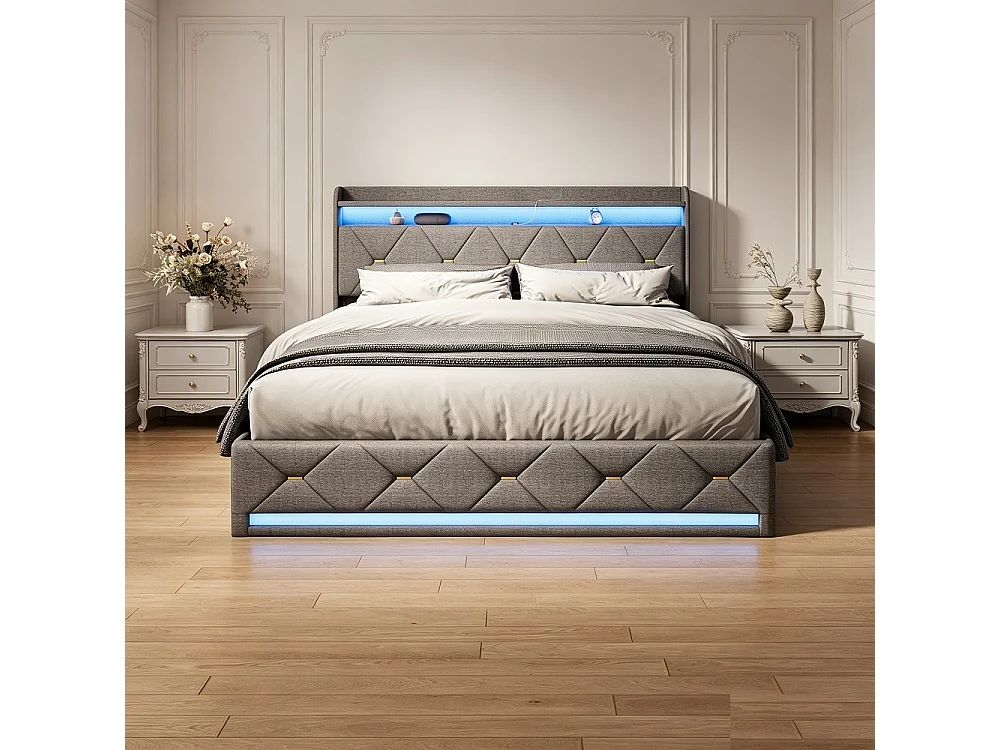Łóżko z pojemnikiem design 160x200 cm z szarego lnu z oświetleniem LED RGB, portami USB i ładowaniem bezprzewodowym, zagłówek ozdobiony złotymi guzikami 4923168 - obrazek 1