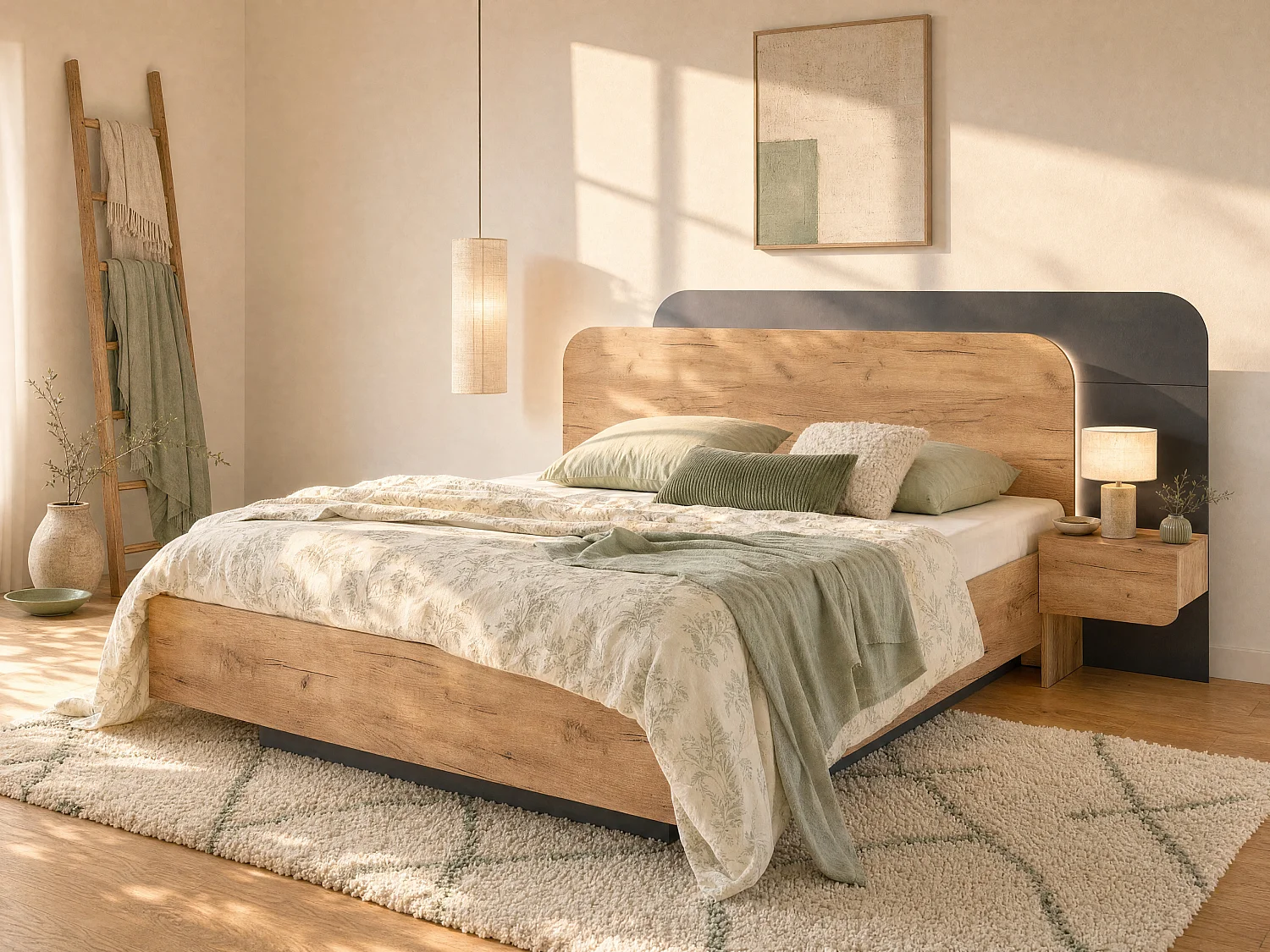 Łóżko z szafkami nocnymi 160 x 200 cm - Z oświetleniem LED - Naturalny i antracytowy + Stelaż + Materac - DESADO 3700264 - obrazek 1