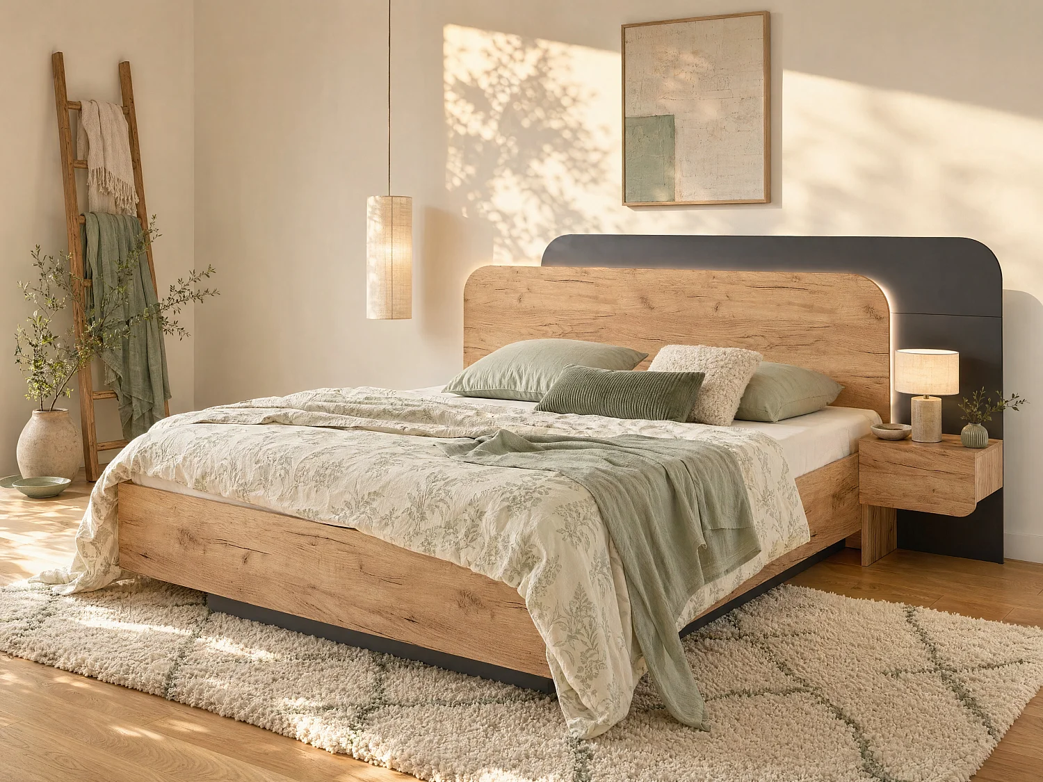 Łóżko ze skrzynią i szafkami nocnymi 160 x 200 cm - Z oświetleniem LED - Naturalny i antracytowy + Materac - DESADO 3703487 - obrazek 1