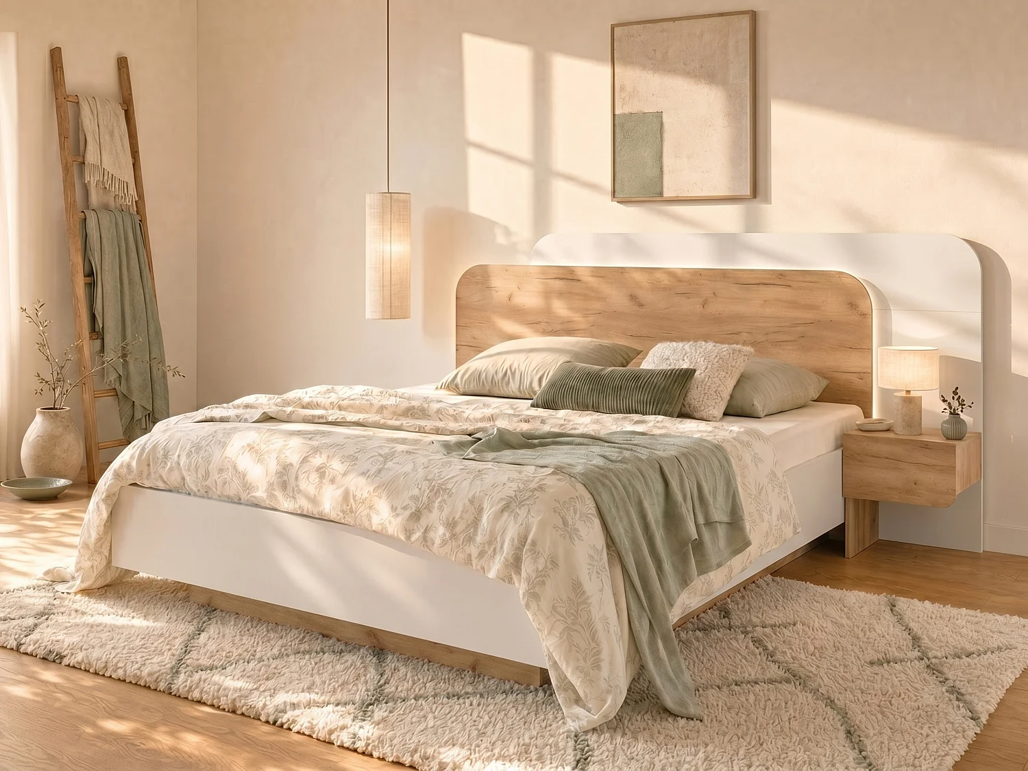 Łóżko ze skrzynią i szafkami nocnymi 160 x 200 cm – Z oświetleniem LED – Naturalny i biały – DESADO 2181513
