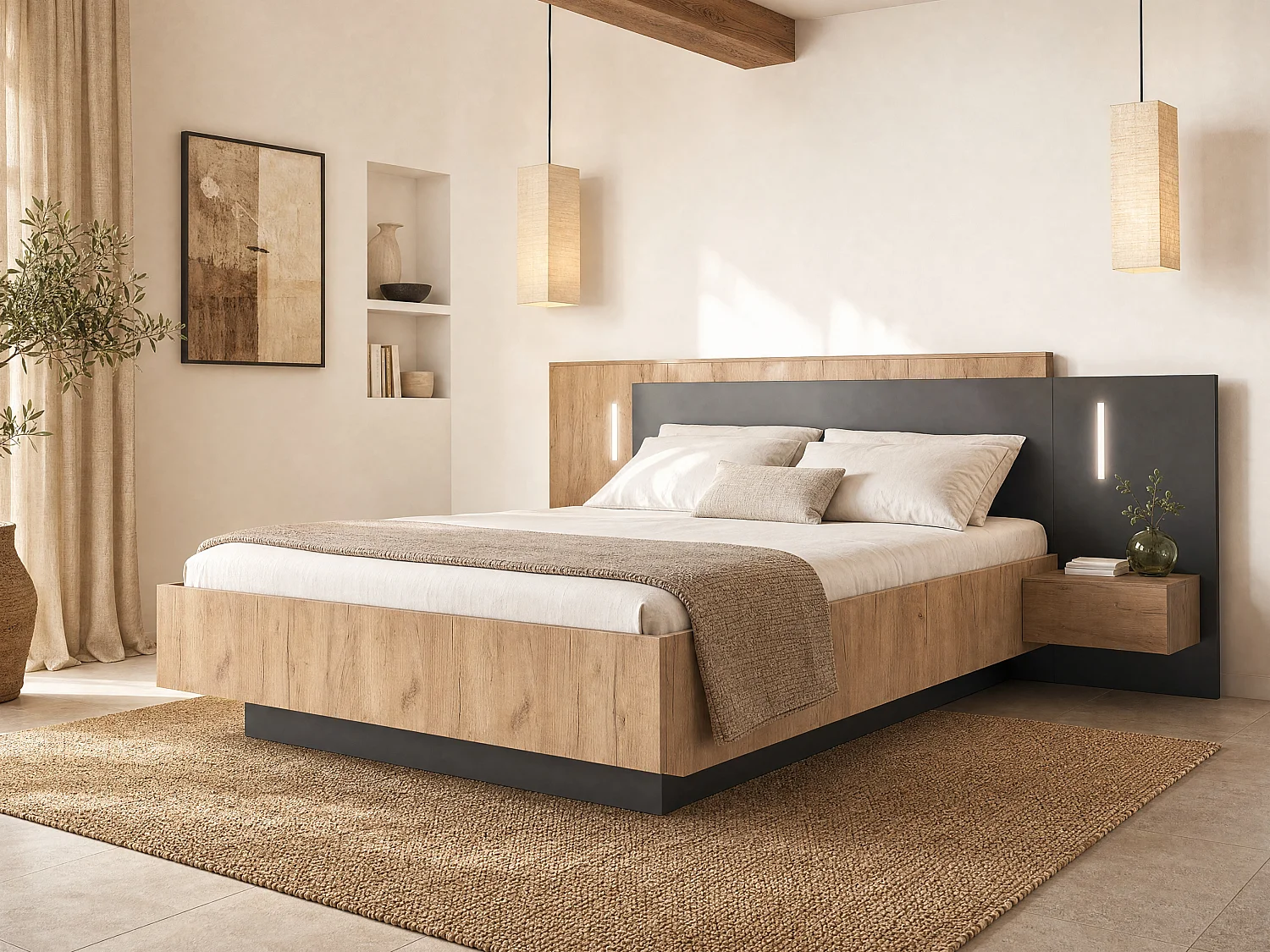 Łóżko z szafkami nocnymi 160 × 200 cm – 2 szuflady – oświetlenie LED – kolor: naturalny i antracytowy – FRANCOLI 383255 - obrazek 1
