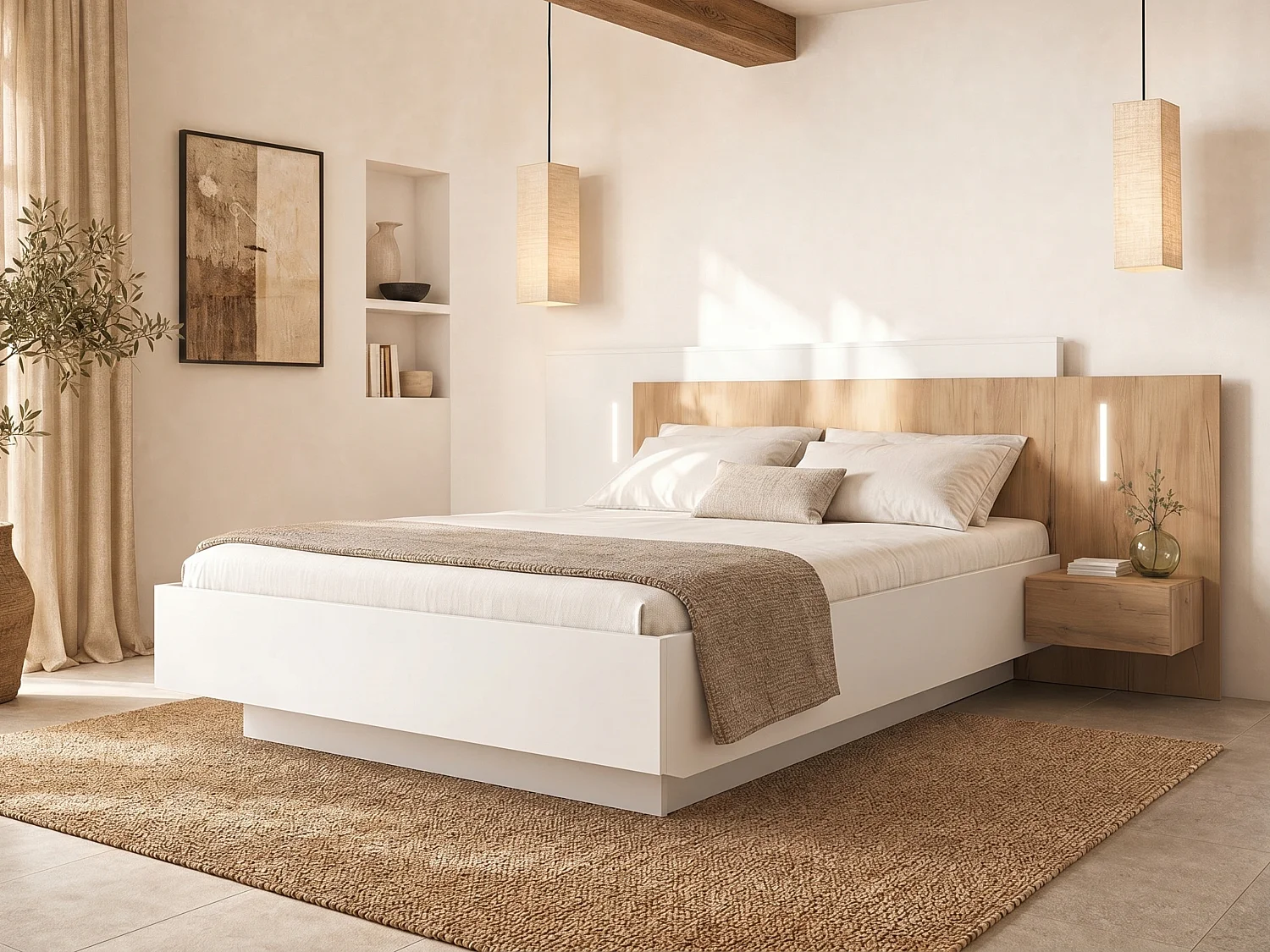 Łóżko z szafkami nocnymi 160 x 200 cm - 2 szuflady - Z oświetleniem LED - Białe i naturalne + Stelaż + Materac - FRANCOLI 791423 - obrazek 1