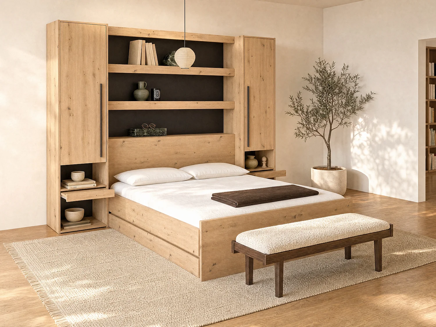 Łóżko ze skrzynią i zabudową 140 x 190 cm – Naturalny i czarny – LUDARO 3712486