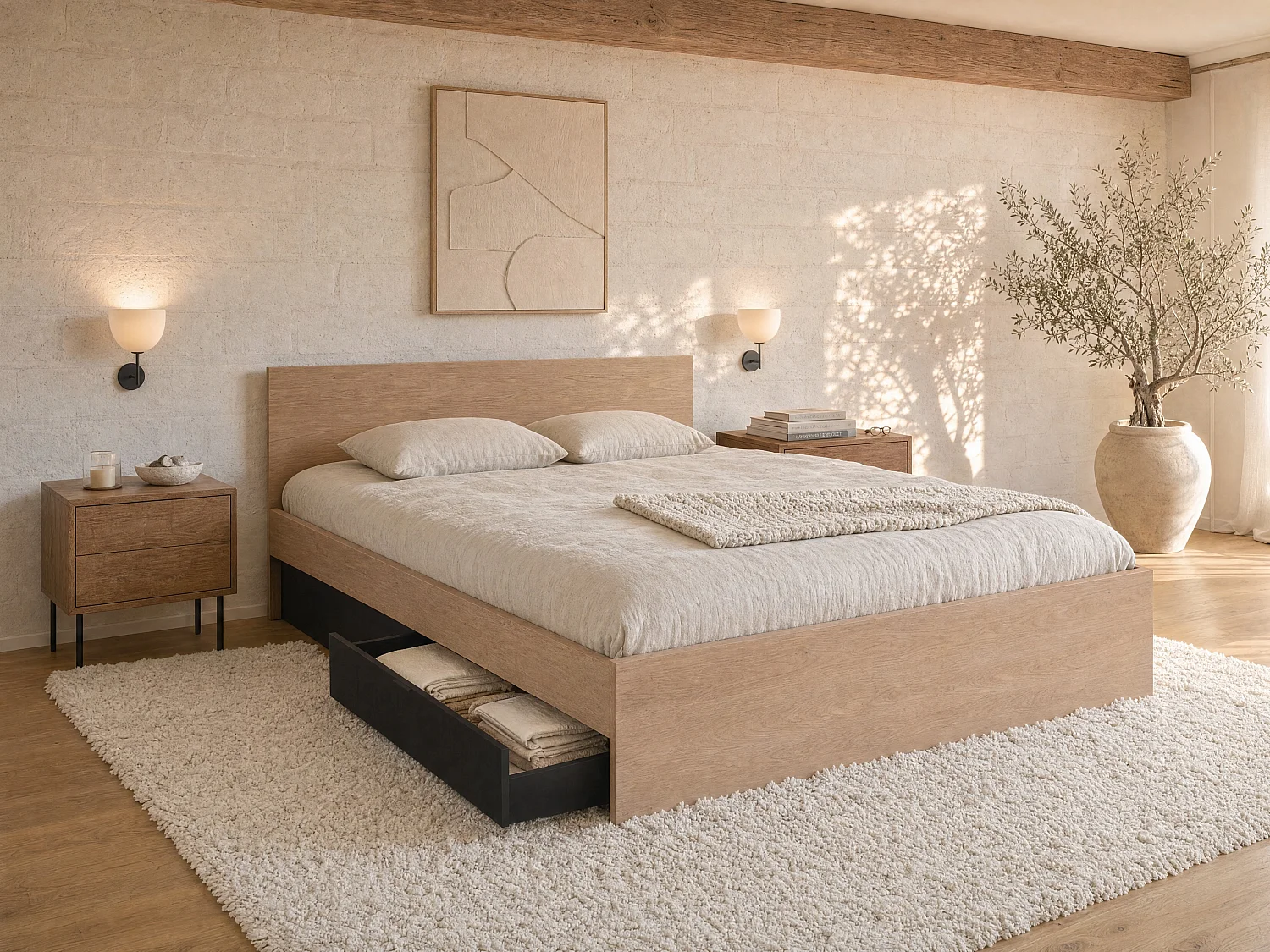 Łóżko z 2 szufladami - 160 x 200 cm - Kolor: Naturalny i czarny - VELONA 585677 - obrazek 1