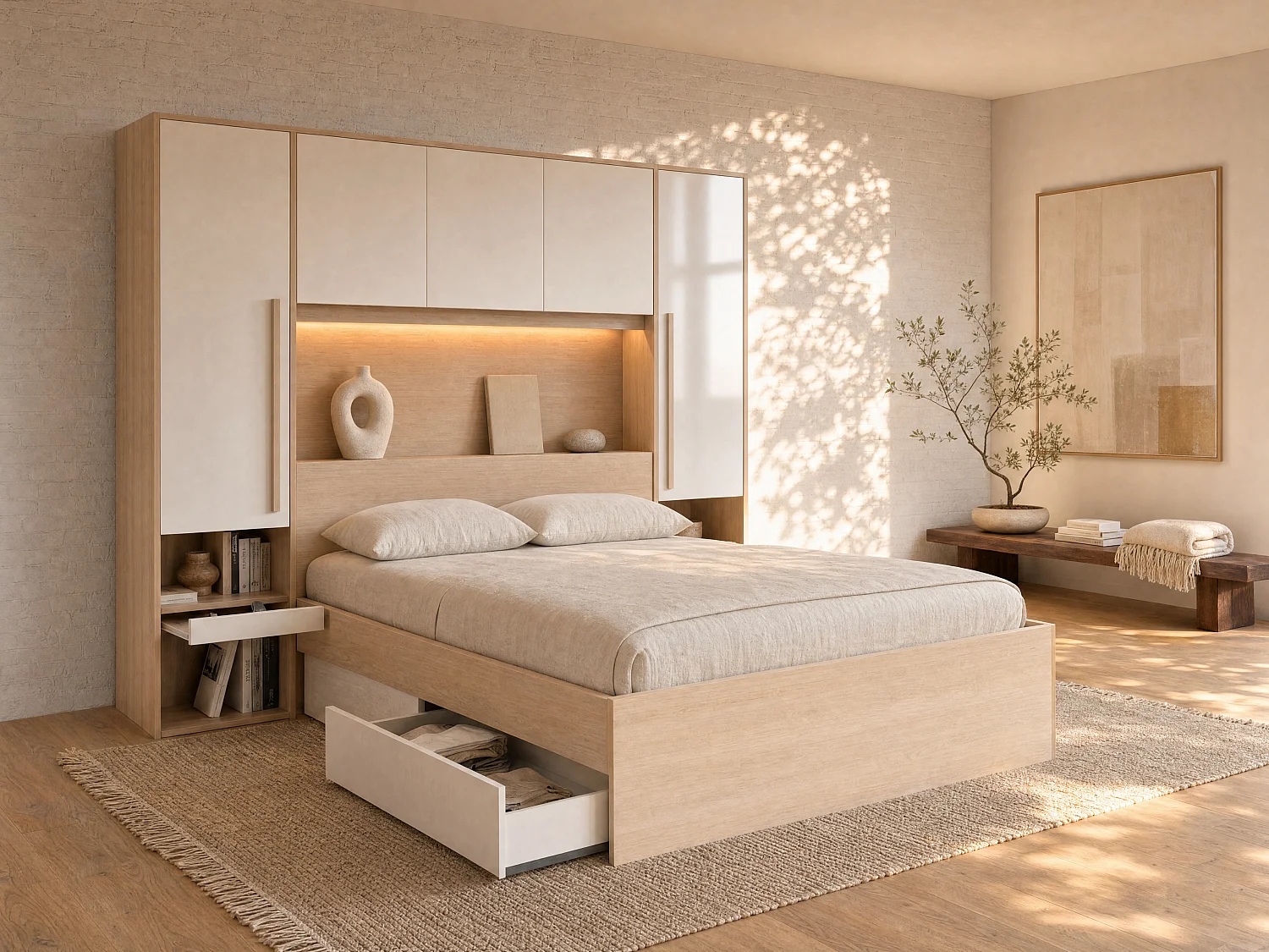 Łóżko z zabudową i schowkami 140 x 190 cm – Z oświetleniem LED – Naturalny i biały z połyskiem – VELONA 1240325