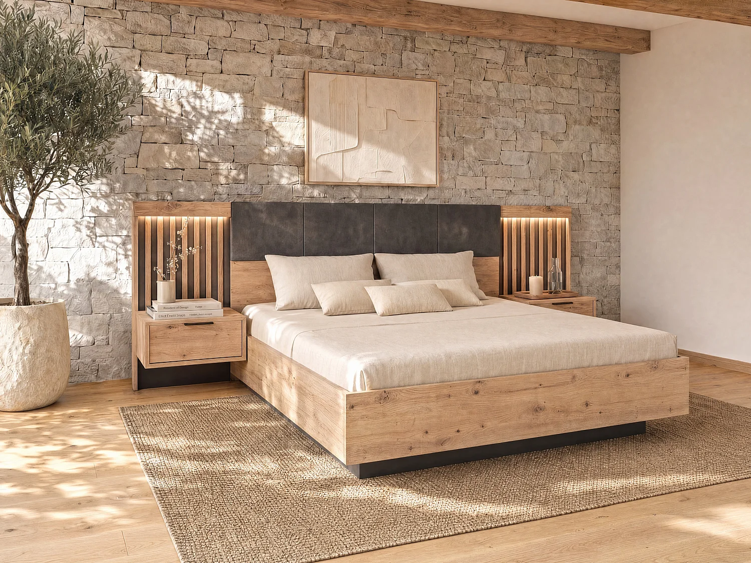 Łóżko ze skrzynią i szafkami nocnymi 160 x 200 cm – Z diodami LED – Kolory: Naturalny i czarny – ARIADA 1560739