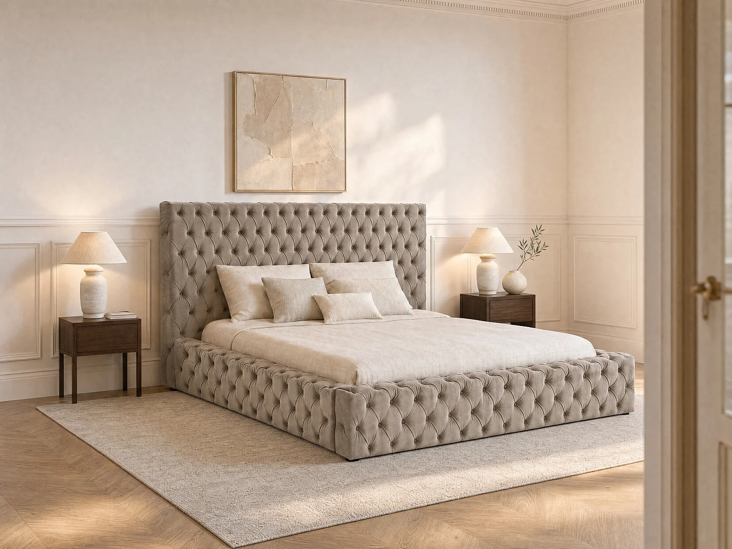 Łóżko ze skrzynią chesterfield 160 x 200 cm - Welur - Taupe - DULENI 3581957 - obrazek 1