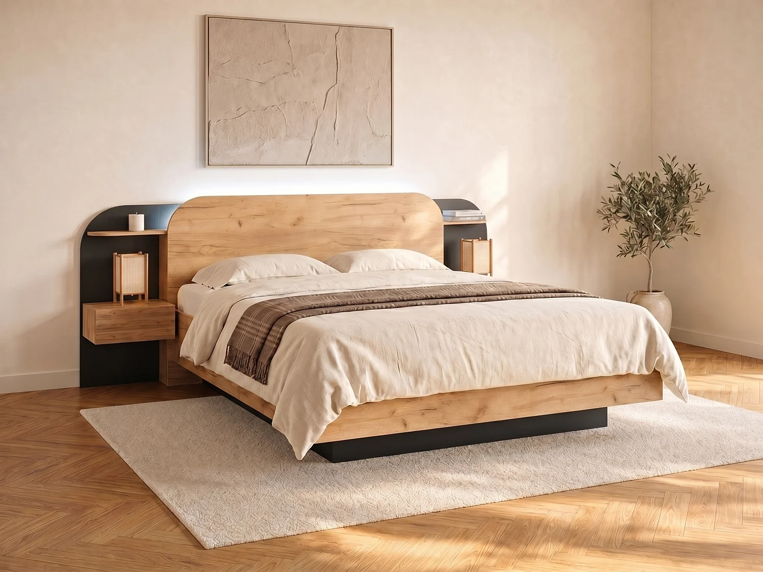 Łóżko z szafkami nocnymi 160 x 200 cm - Z oświetleniem LED - Naturalny i czarny + Stelaż - JUVISIA 2183807 - obrazek 1