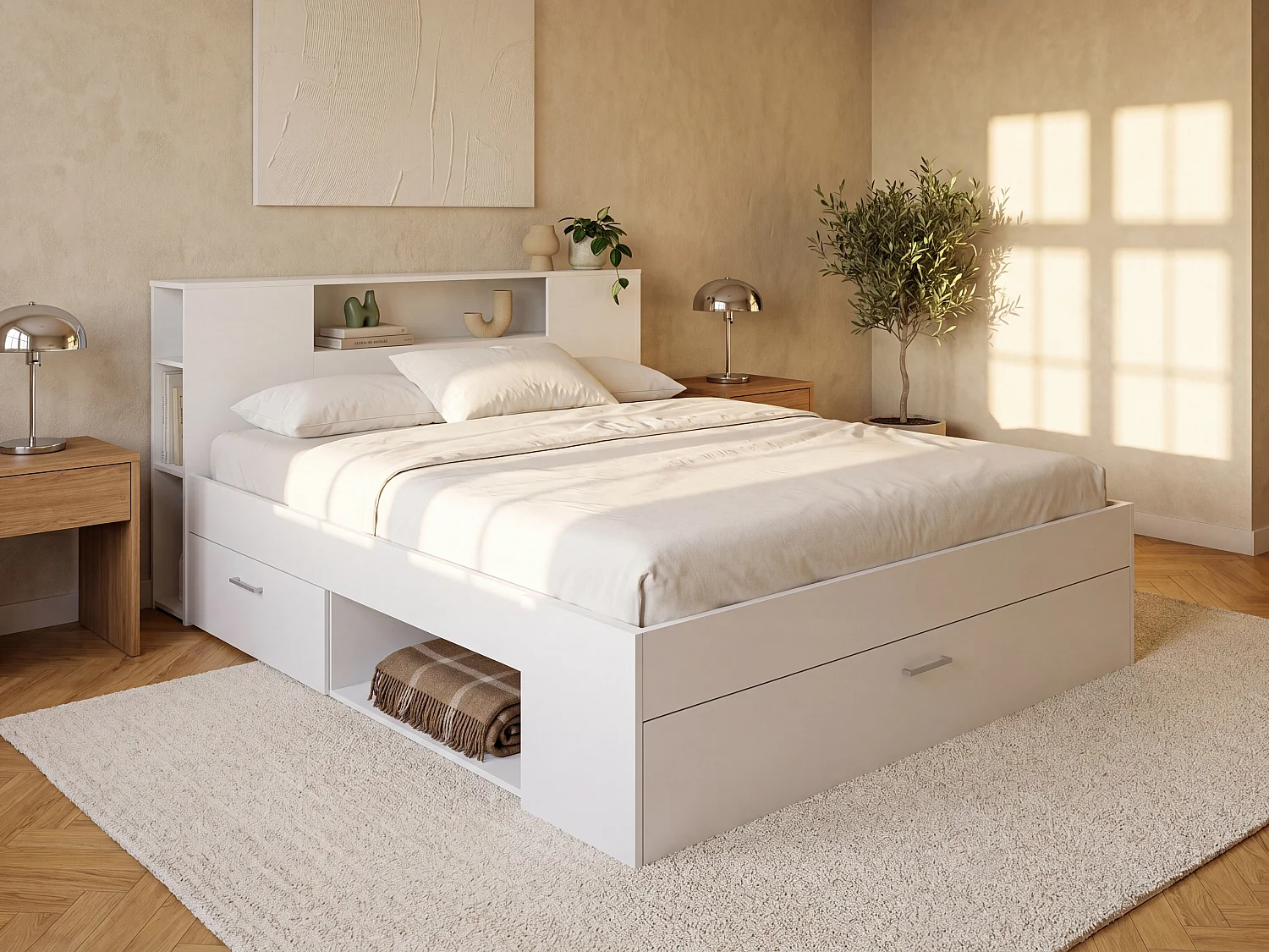 Łóżko ze skrzynią i szufladami – 160 x 200 cm – Kolor: biały + Stelaż – LEANDRE 613013