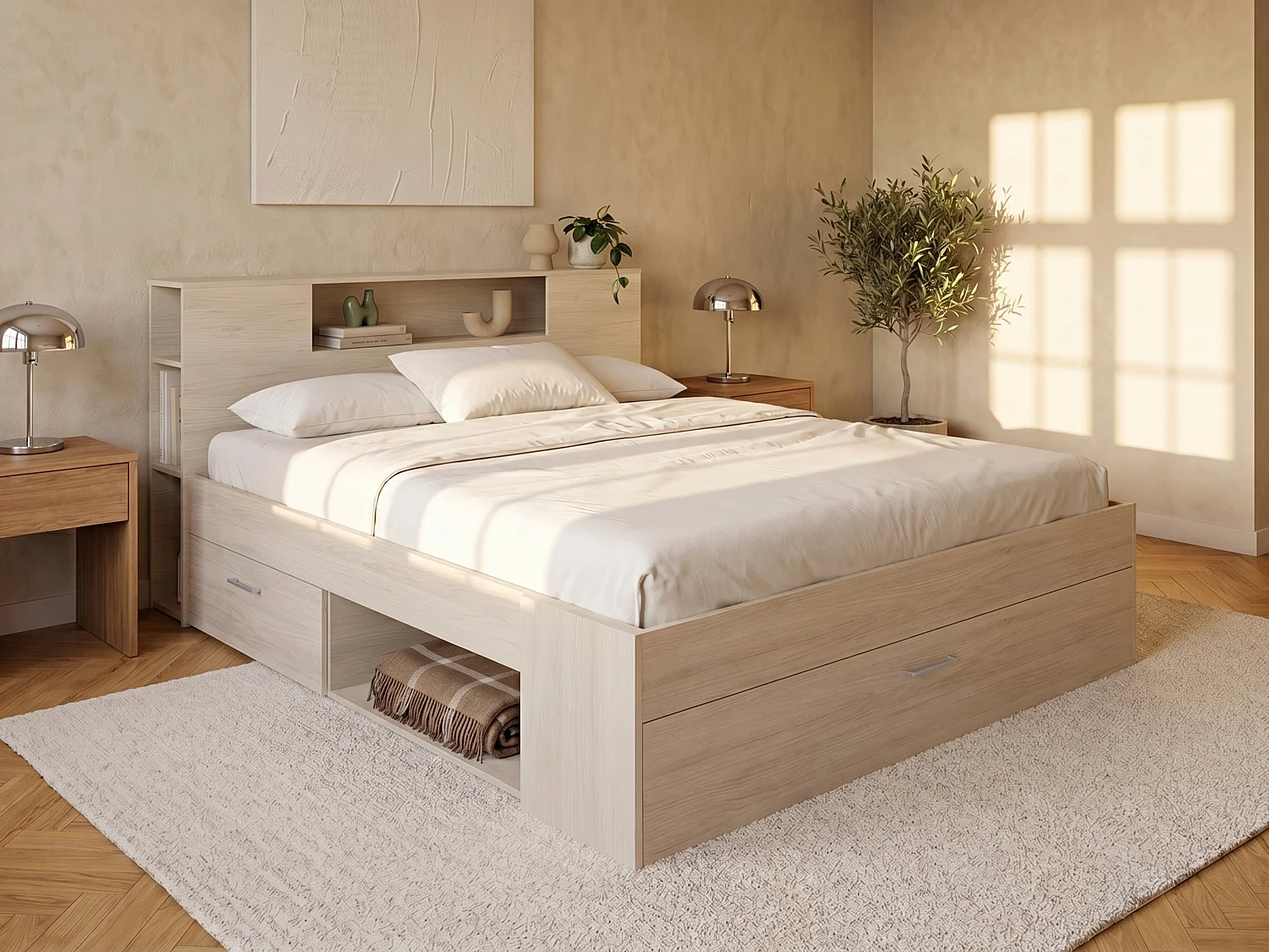 Łóżko ze skrzynią i szufladami – 160 x 200 cm – Kolor: Natural + Stelaż – LEANDRE 613011
