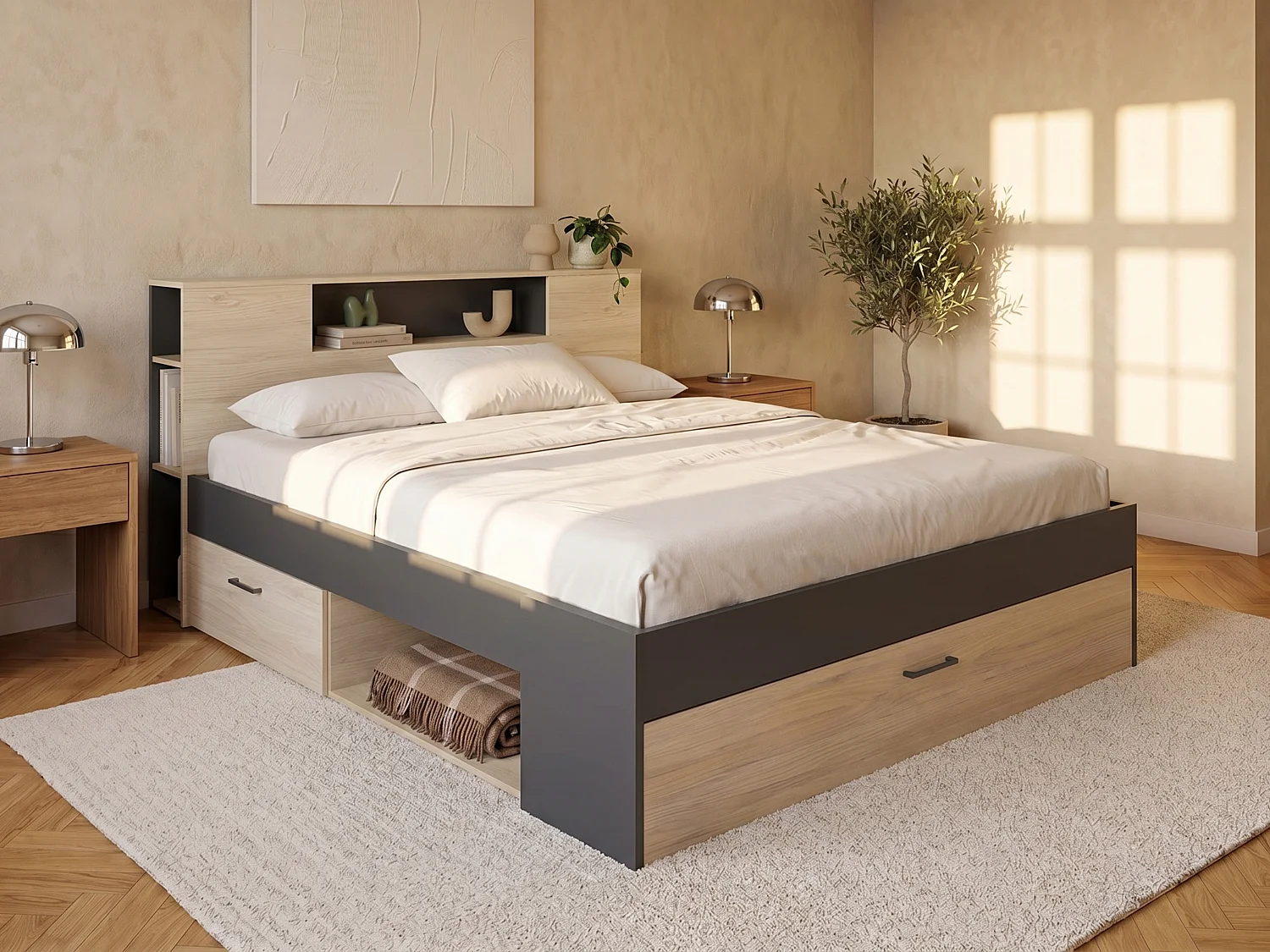 Łóżko ze skrzynią i szufladami – 140 x 190 cm – Kolory: naturalny i antracyt + Stelaż – LEANDRE 612961
