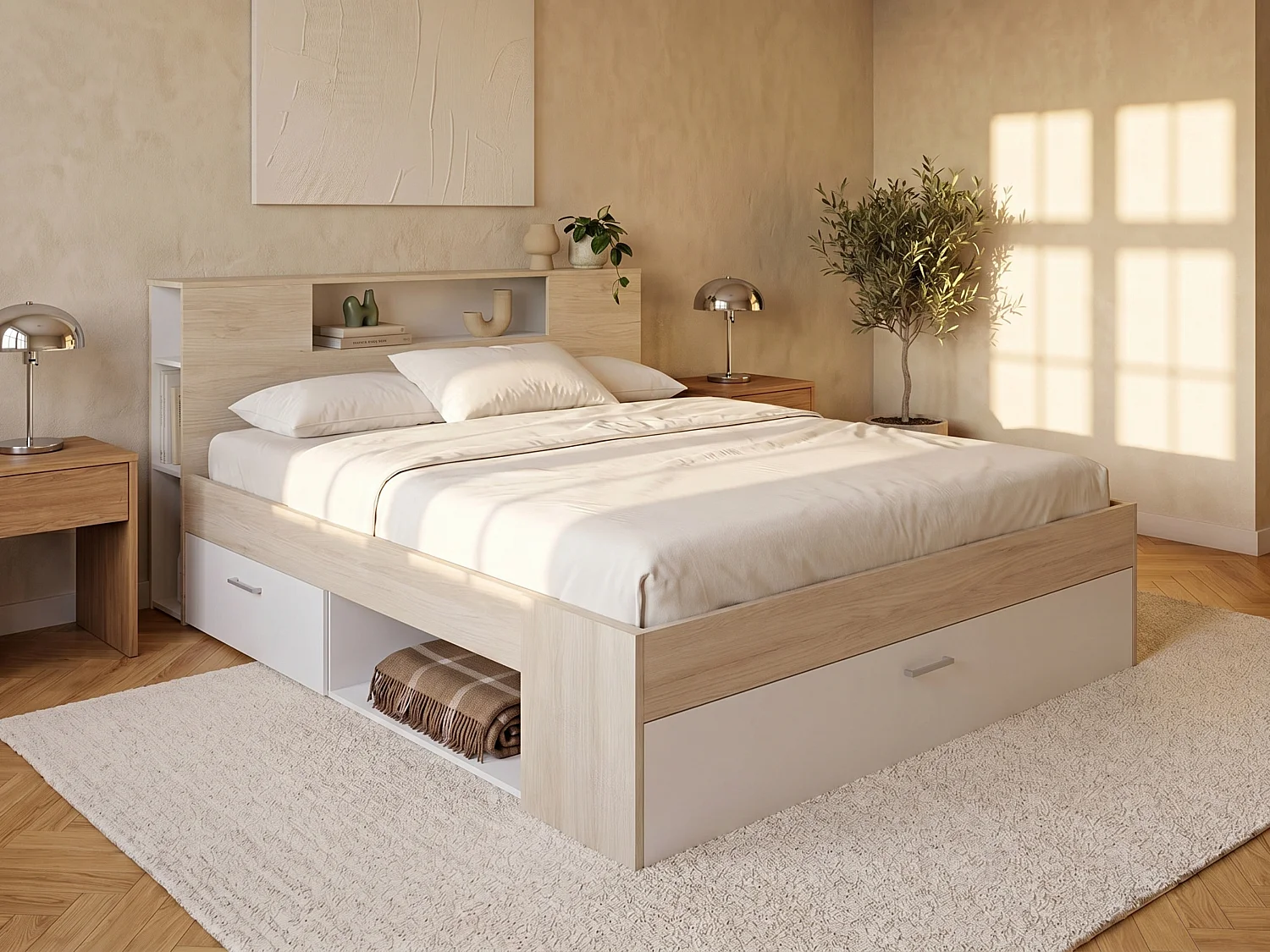 Łóżko ze skrzynią i szufladami – 160 x 200 cm – Kolory: naturalny i biały + Stelaż – LEANDRE 613007