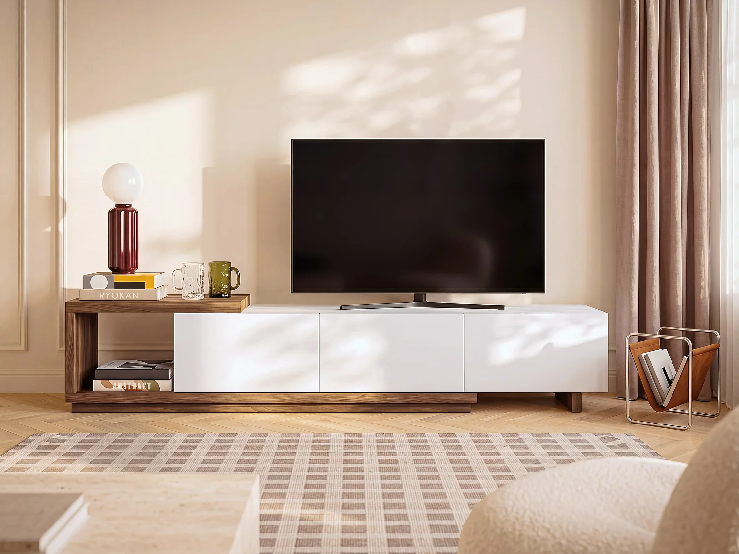 Szafka RTV z 3 szufladami i 1 wnęką – Biały i naturalny – DUKIAN 3359568