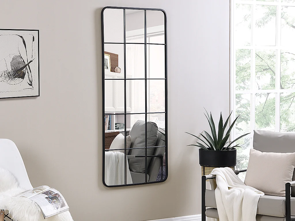 Lustro w kształcie okna, z metalu, w industrialnym stylu – 60 × 140 cm (szer. × wys.) – kolor czarny SCIARA 136131