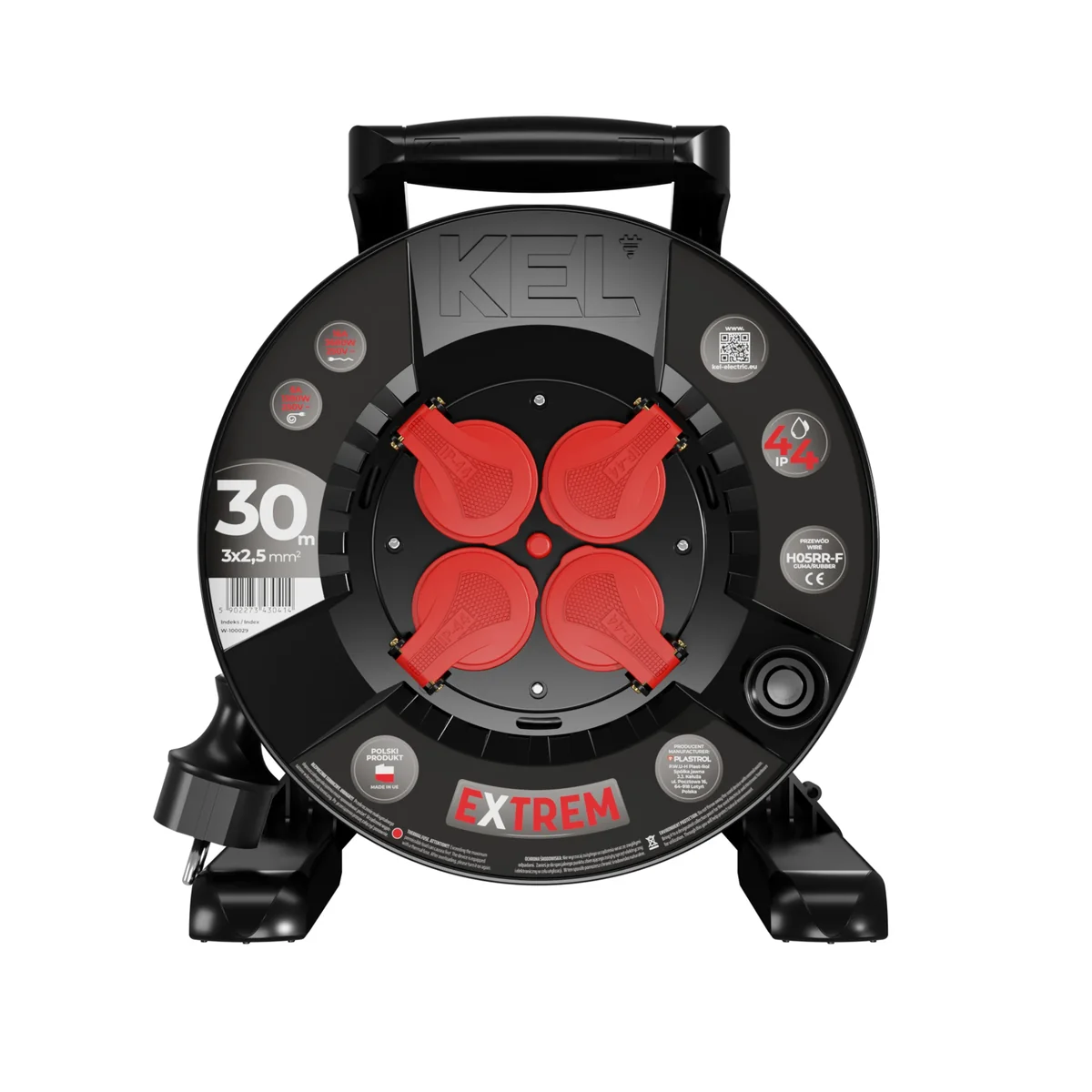PB-EXT/30M/3X2,5/H05RR-F Przedłużacz bębnowy EXTREME LINE; 4x2p+Z; IP44; 16A; H05RR-F; 3x2,5; 30m; czarny W-100029 - obrazek 1