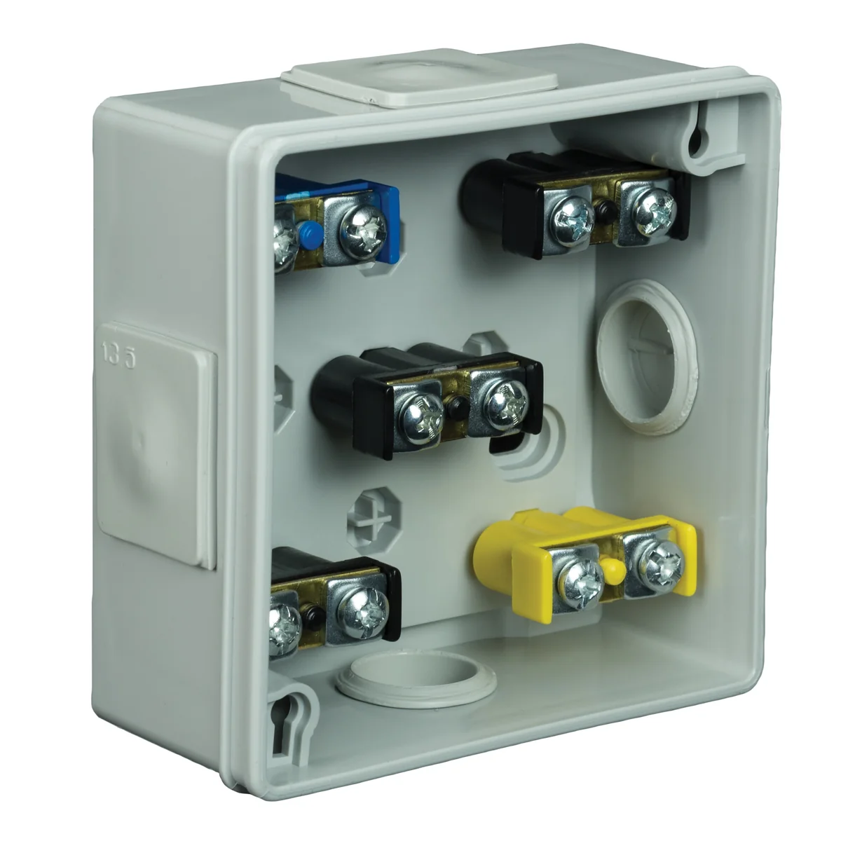 PF Puszka natynkowa z dławnicami gumowymi 4-wlotowa 86x86x40mm IP55 dekiel klik-klak z zaciskami popiel 001-53