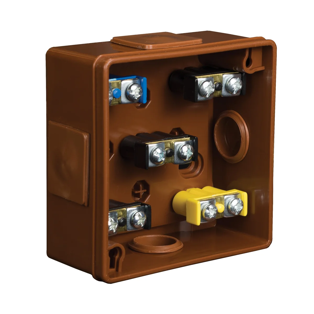 PF Puszka natynkowa z dławnicami gumowymi 4-wlotowa 86x86x40mm IP55 dekiel na 2 wkręty z zaciskami brązowa 021-52
