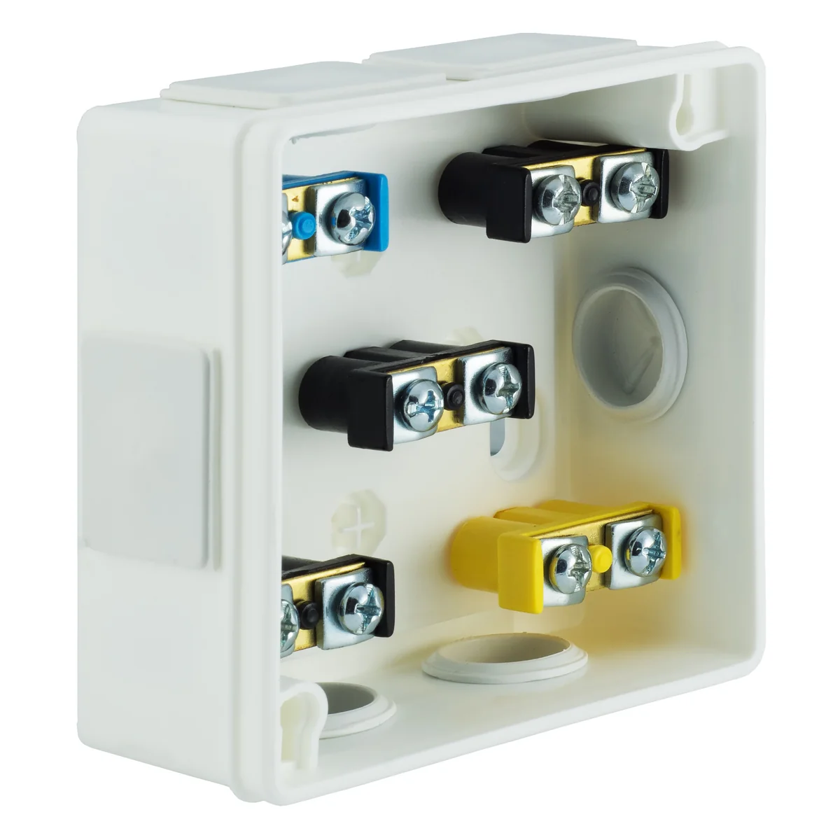 PF Puszka natynkowa z dławnicami gumowymi 6-wlotowa 86x86x40mm IP55 dekiel klik-klak z zaciskami biała 002-51