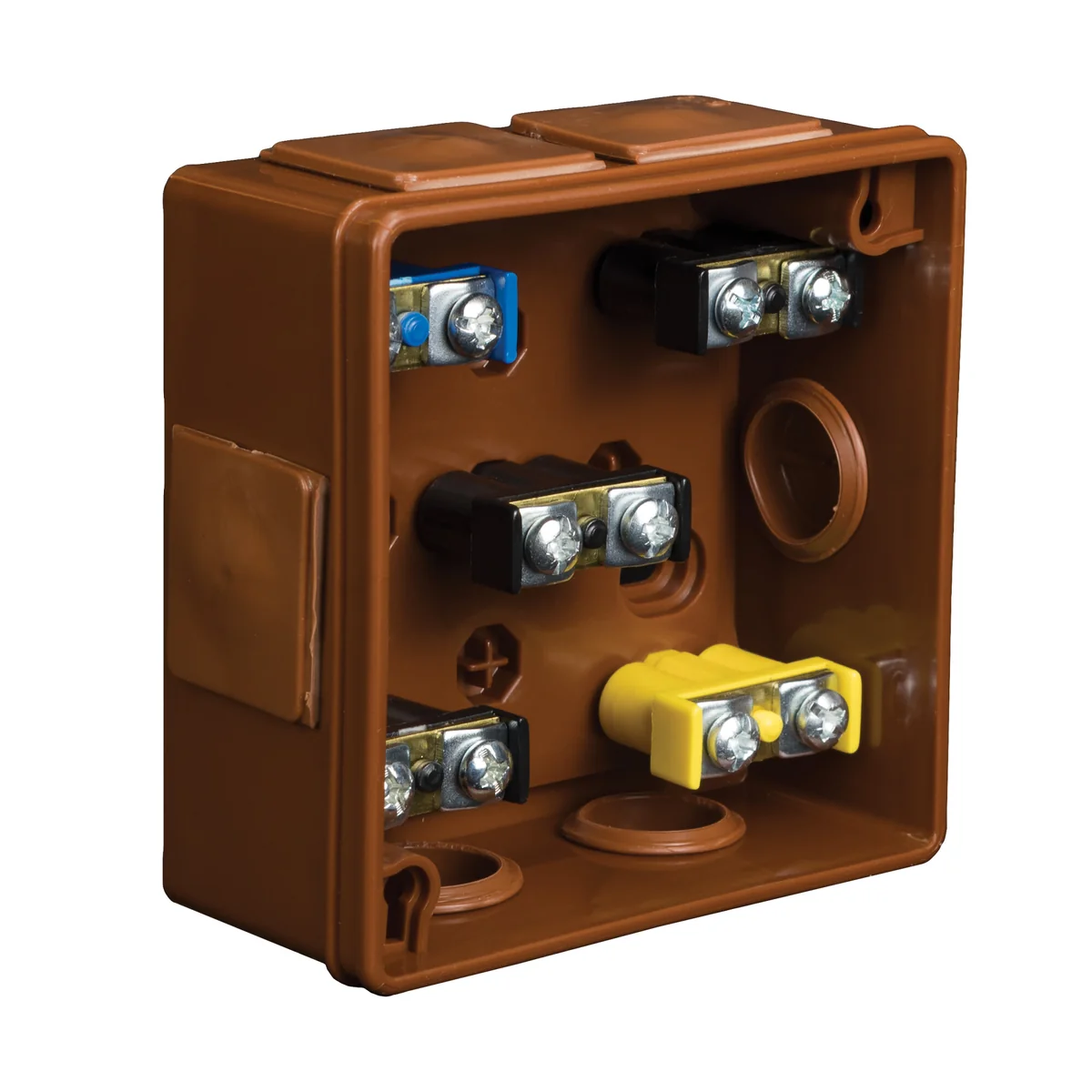 PF Puszka natynkowa z dławnicami gumowymi 6-wlotowa 86x86x40mm IP55 dekiel na 2 wkręty z zaciskami brązowa 022-52