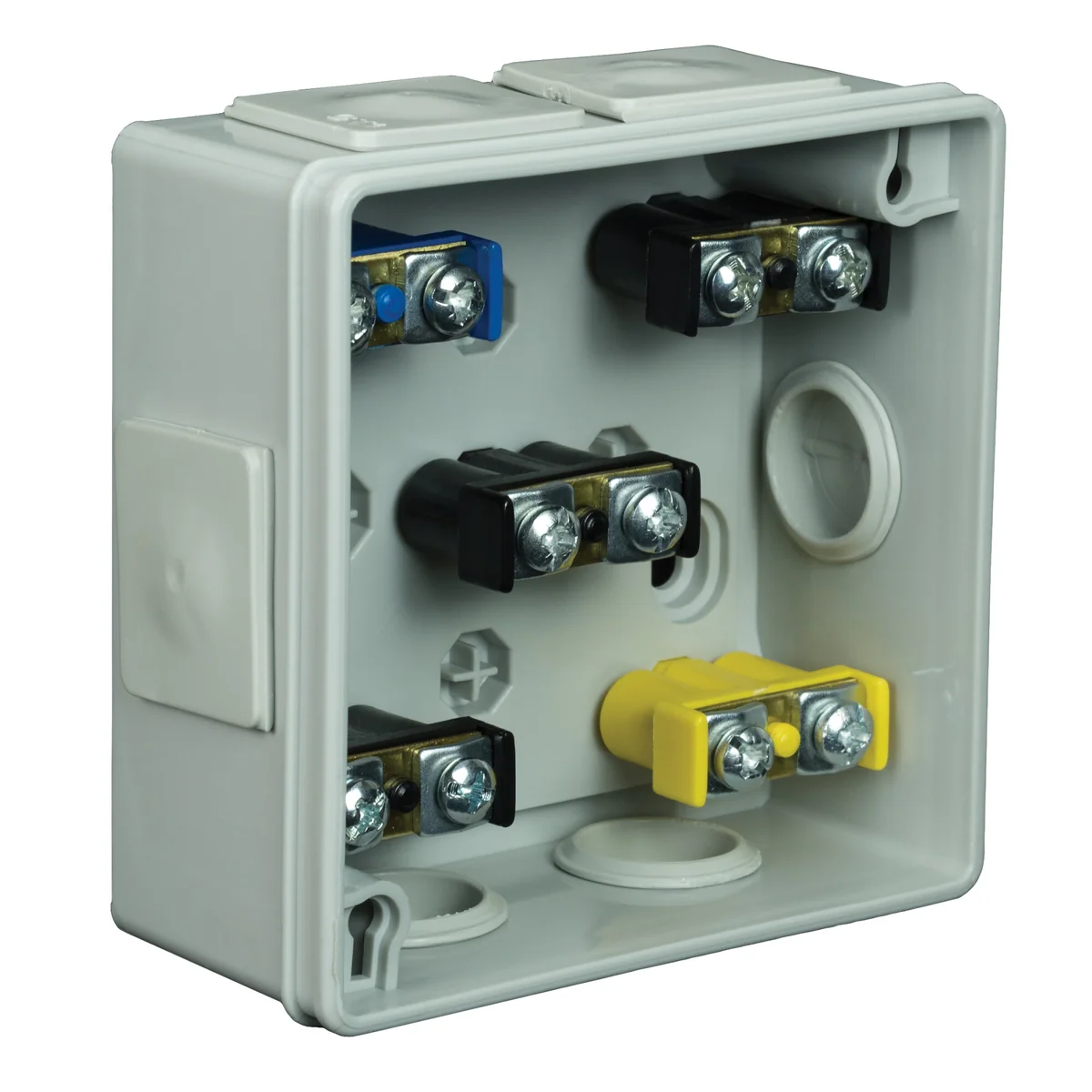 PF Puszka natynkowa z dławnicami gumowymi 6-wlotowa 86x86x40mm IP55 dekiel na 2 wkręty z zaciskami popiel 022-53