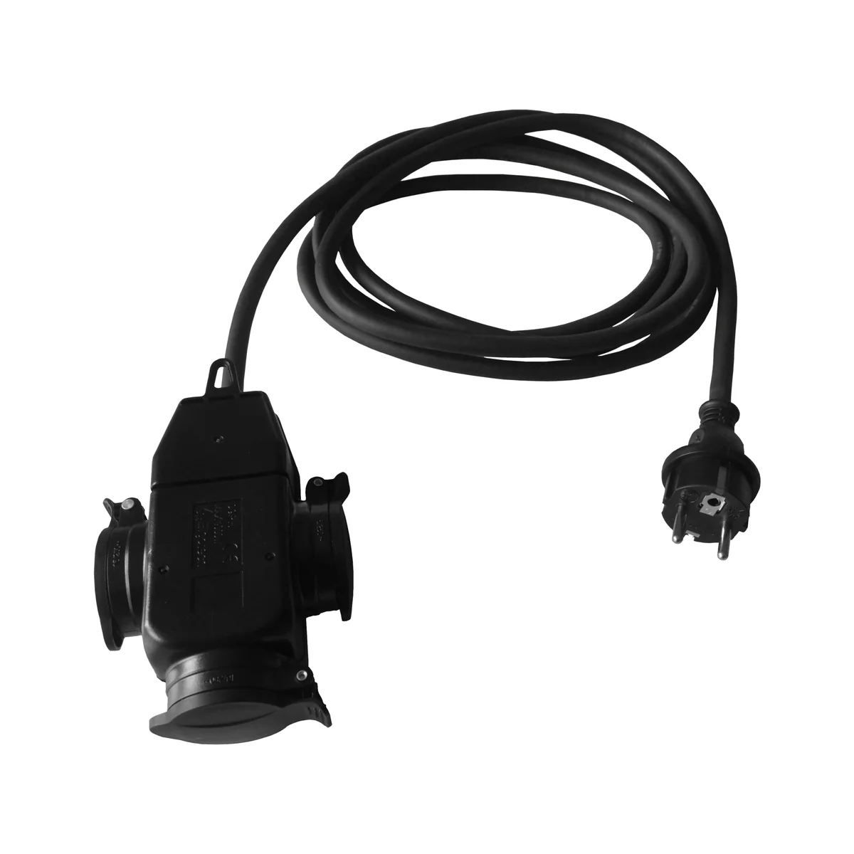 Przedłużacz 3-krotny, 3x2P+Z gumowy czarny H05RR-F 3x1,5mm² - 15m IP-44, z zalewaną wtyczką prostą UNISCHUKO 250~/16A PS3-3015G PS3-3015G - obrazek 1