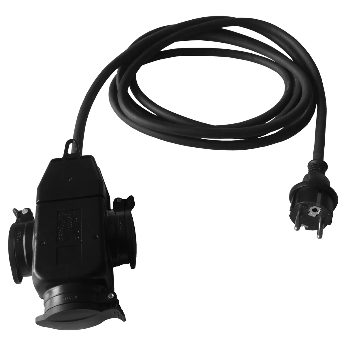 Przedłużacz 3-krotny, 3x2P+Z gumowy czarny H05RR-F 3x2,5mm² - 10m IP-44, z zalewaną wtyczką prostą UNISCHUKO 250~/16A PS3-3010G-2,5 PS3-3010G-2,5 - obrazek 1