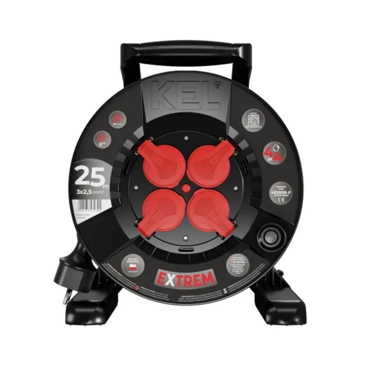 Przedłużacz bębnowy EXTREME LINE 4x2p+Z IP44 16A H05RR-F 3x2,5 25m czarny W-100027 - obrazek 1