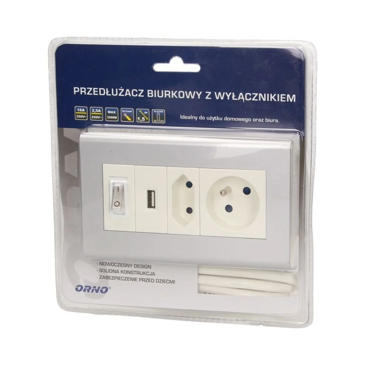 Przedłużacz biurkowy z wyłącznikiem i ładowarką USB 5V DC/2,1A, 1 x 2,5A 2P/II + 1 x 16A 2P+Z srebrny OR-AE-1328 - obrazek 1